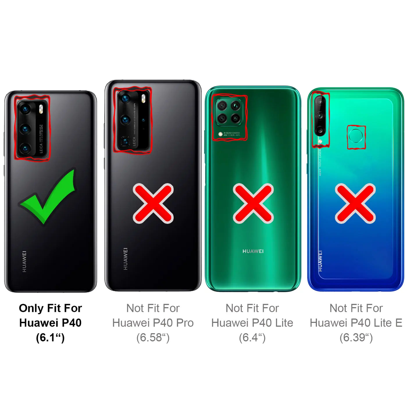Vier Huawei-Smartphones, Rückansicht. Ein grüner Haken, drei rote Kreuze.
