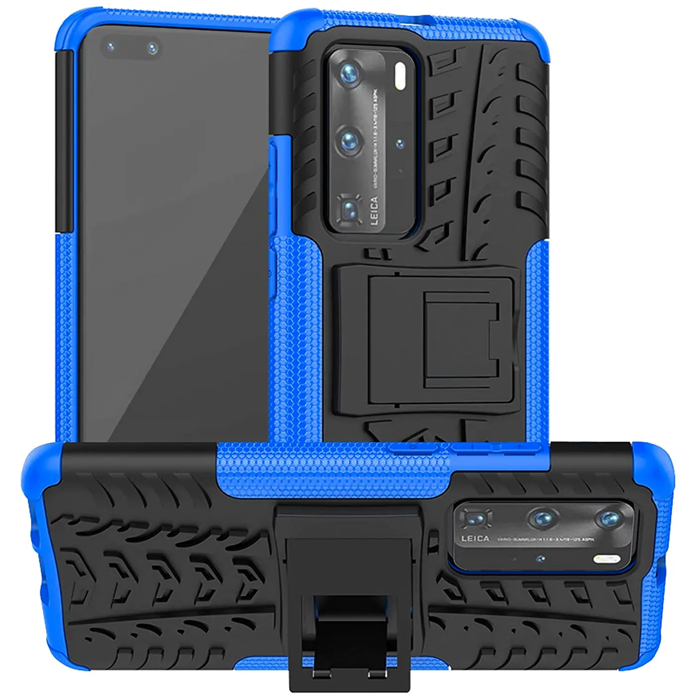 Blaues, stoßfestes Huawei P40 Pro Case mit Reifenprofil und Ständer, Vorder- und Rückansicht.