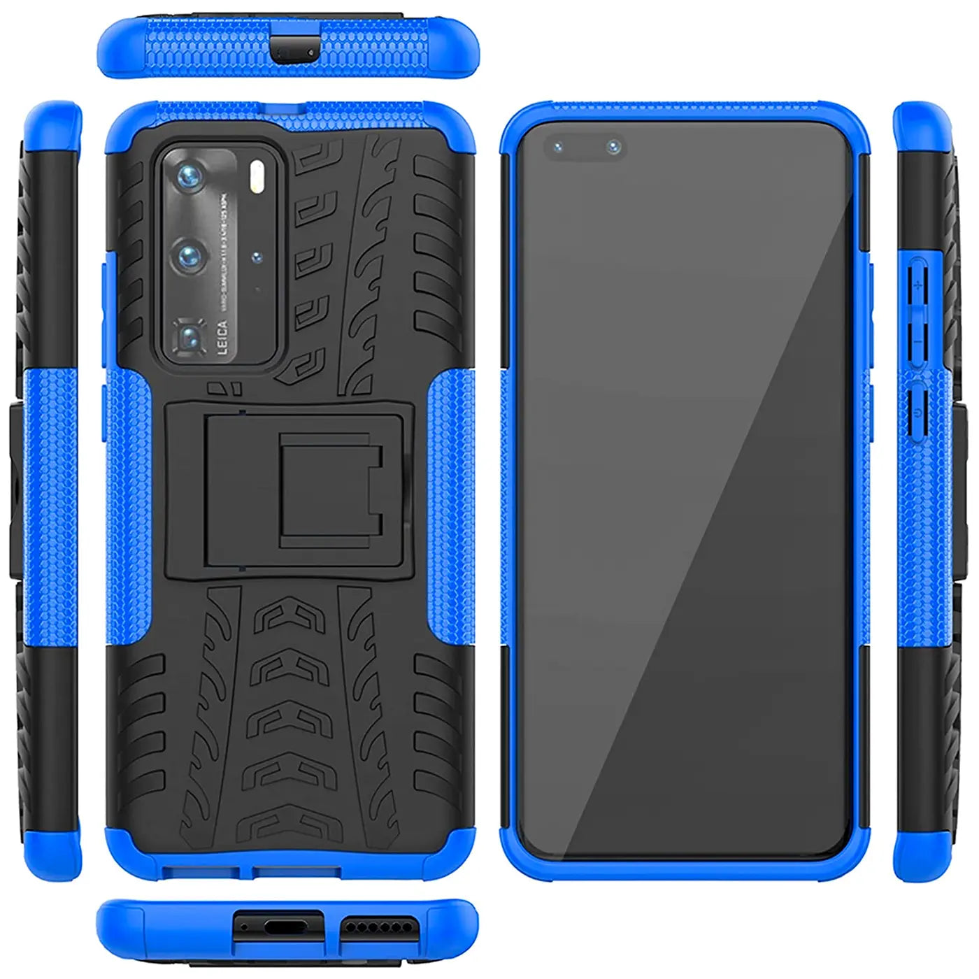 Blau-schwarze Handyhülle aus Kunststoff, verschiedene Ansichten, mit Huawei P40 Pro.