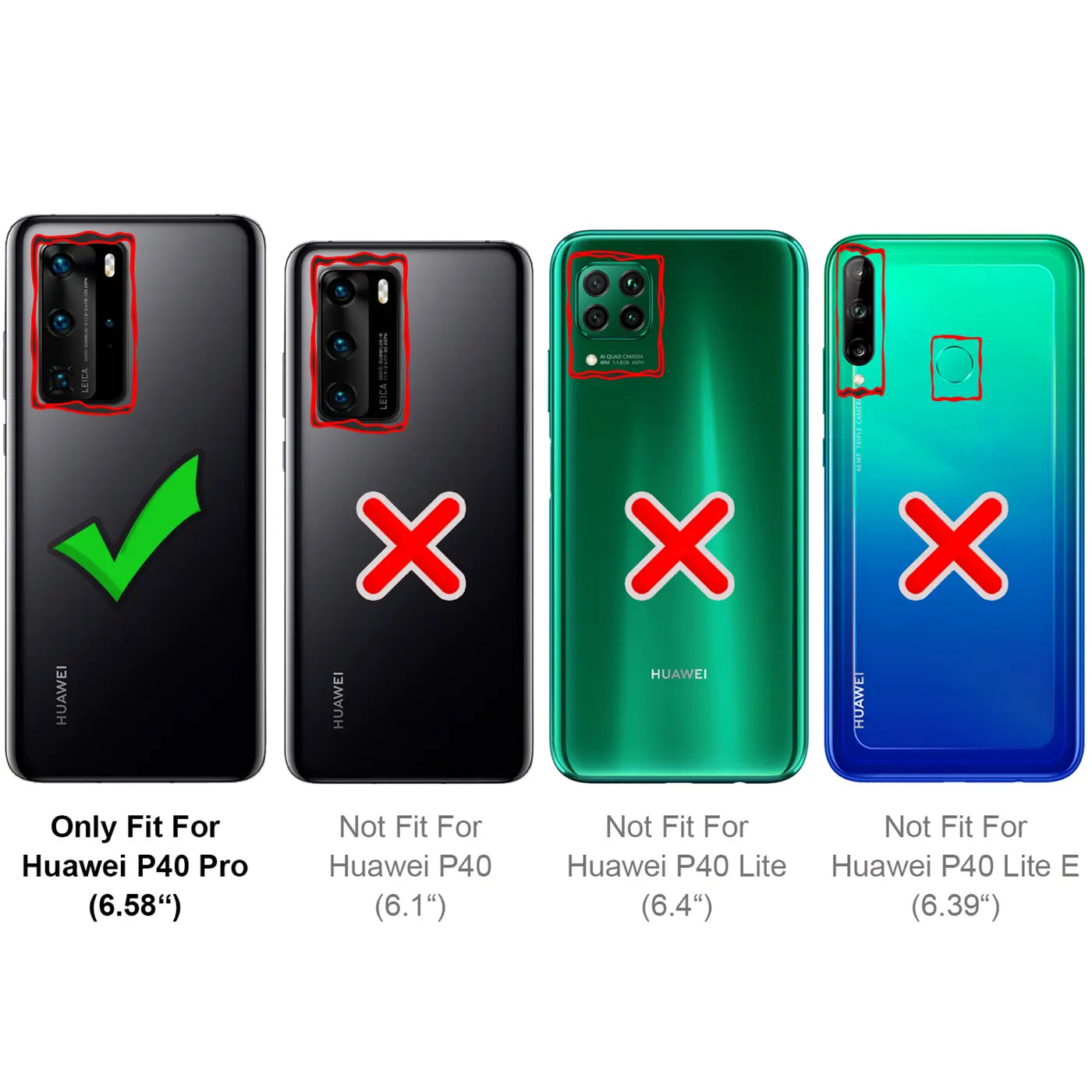 Vier Huawei-Handys (schwarz, schwarz, grün, blau) mit roten Rahmen um Kameras, Haken/Kreuzen.