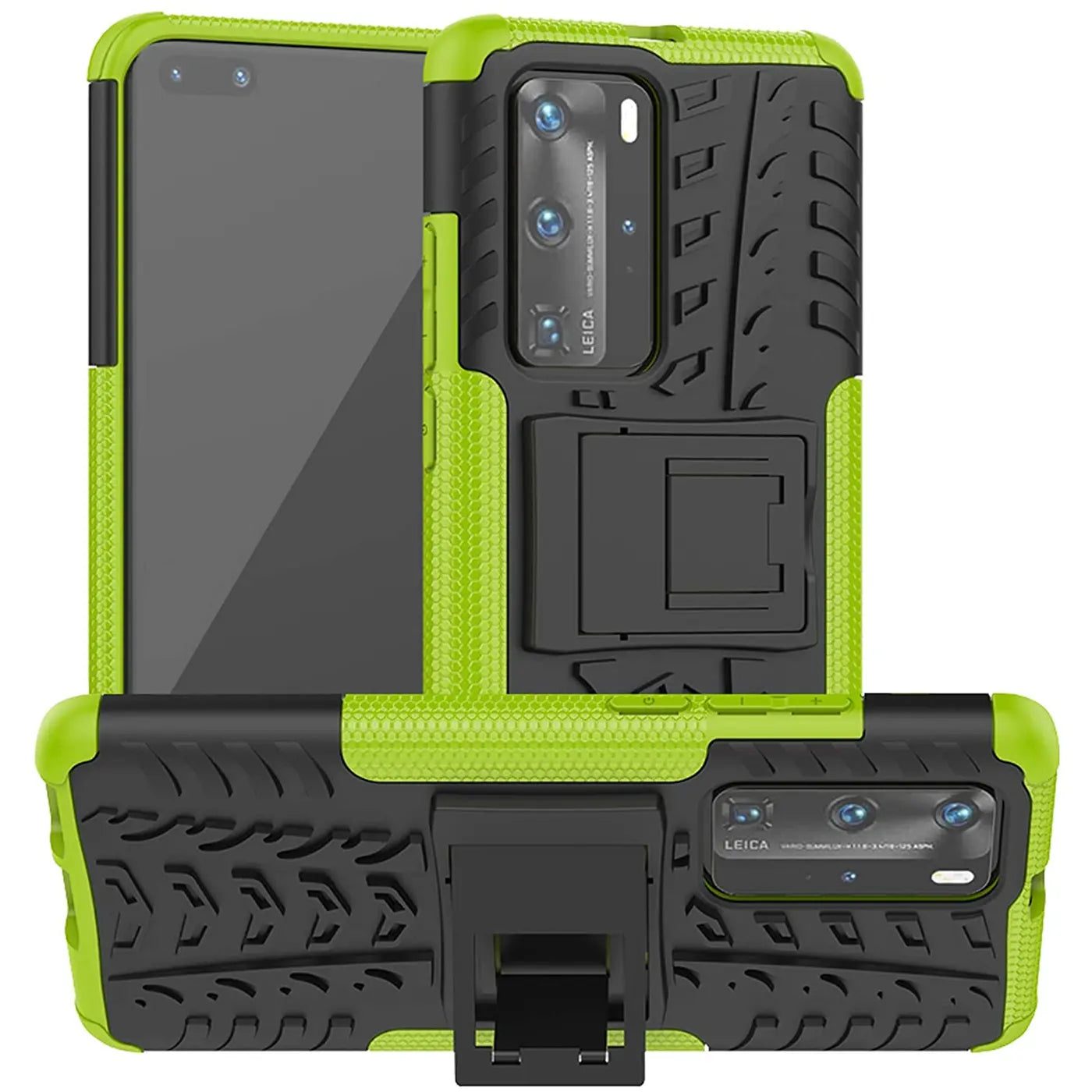 Grüne und schwarze Outdoor-Hülle aus Gummi/Kunststoff für Huawei P40 Pro, zwei Ansichten, mit Ständer.