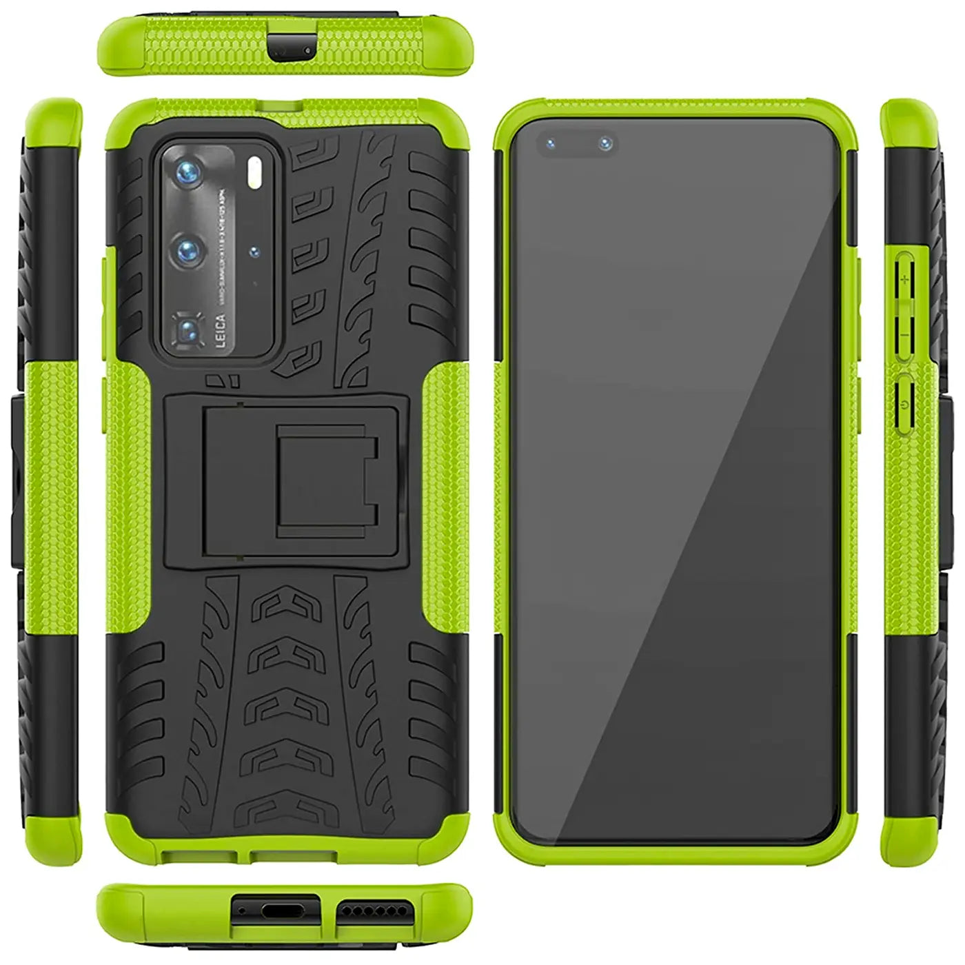 Grüne und schwarze Outdoor-Hülle mit Ständer für Huawei P40 Pro, verschiedene Ansichten.