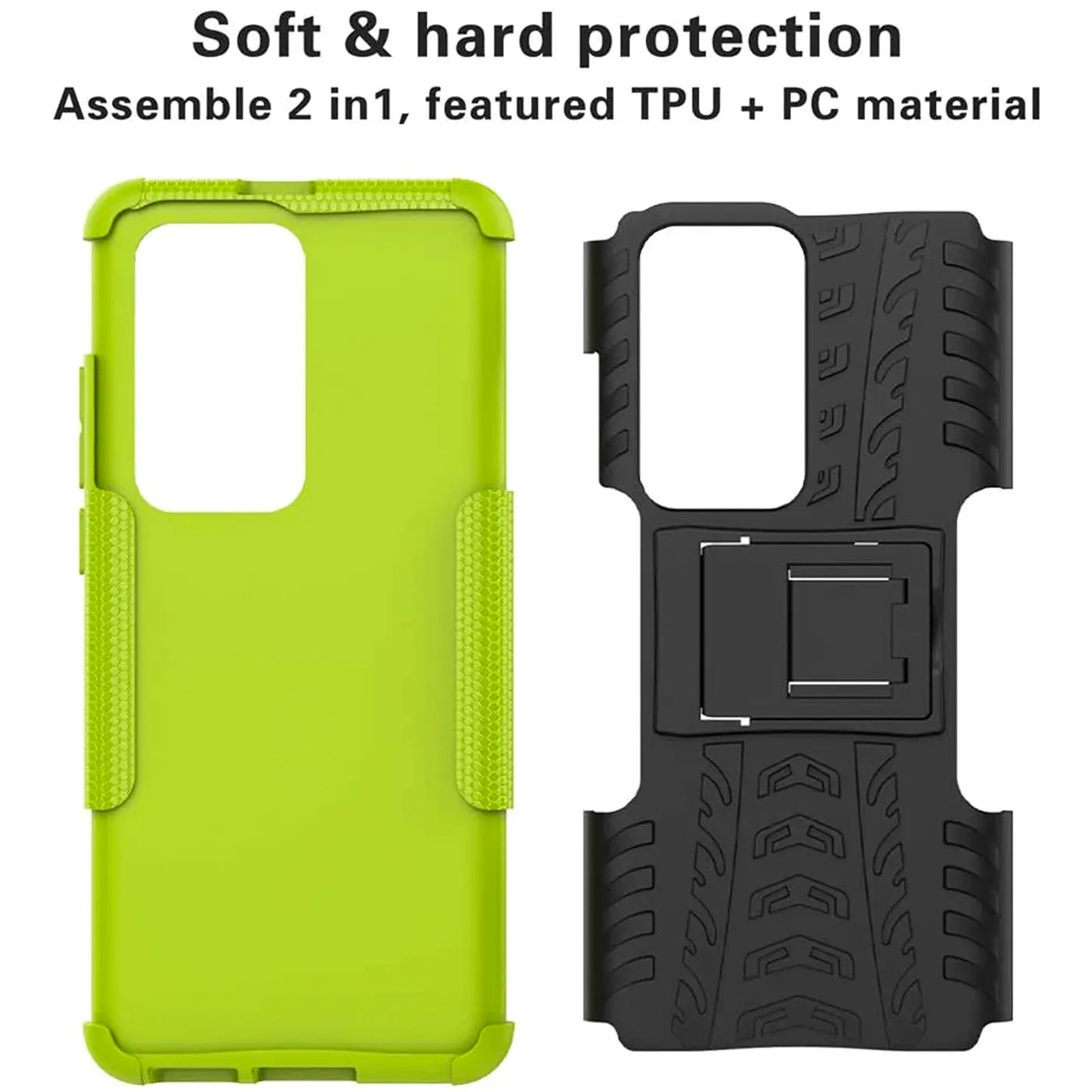 Zwei Huawei P40 Pro Hüllen: neongrün (TPU/PC) und schwarz (TPU/PC) mit Ständer.