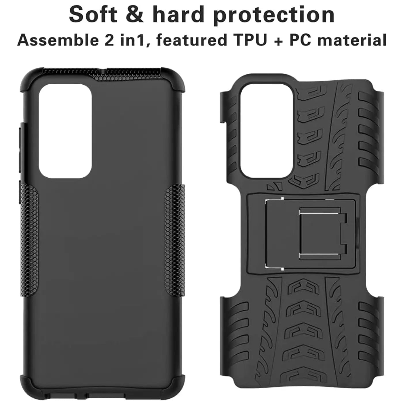 Schwarze 2-teilige Huawei P40 Hülle aus TPU/PC, Vorder- und Rückansicht, mit Ständer