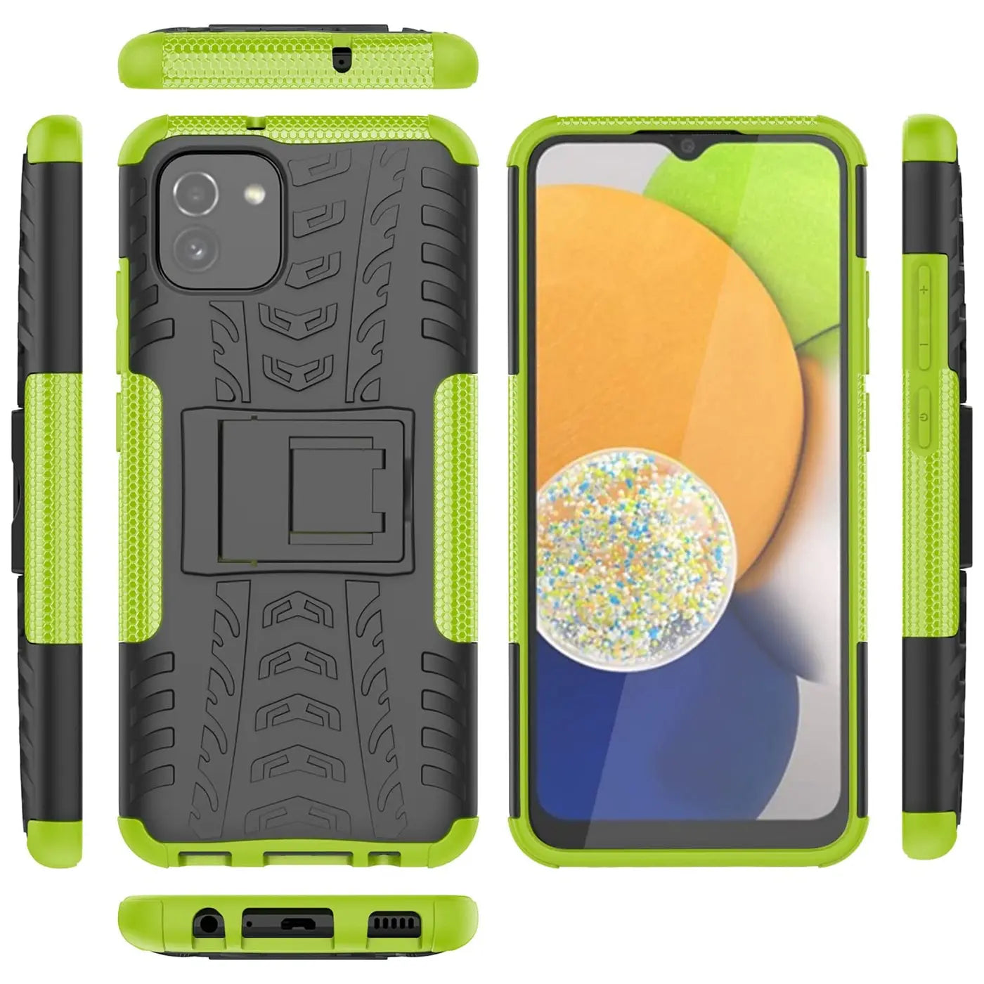 Grüne und schwarze Outdoor-Hülle mit Ständer für Samsung Galaxy A03, verschiedene Ansichten.
