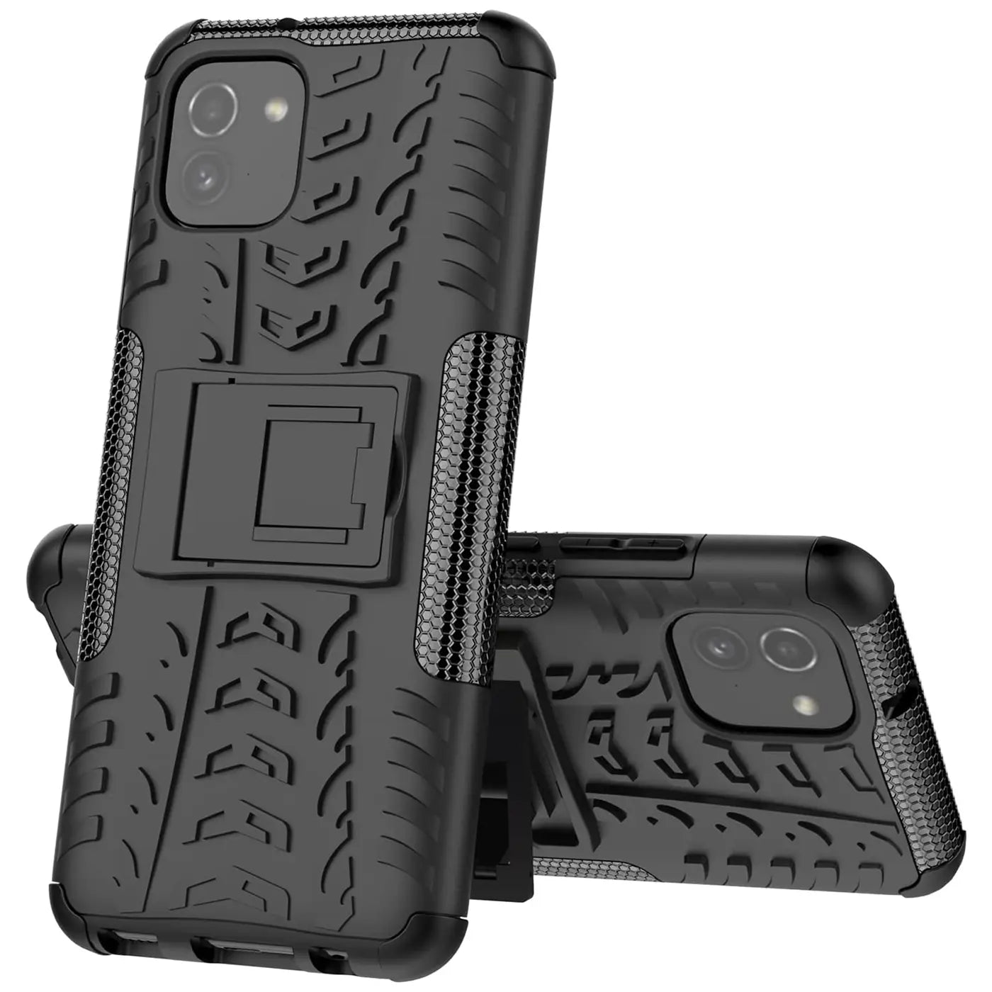 Schwarze Outdoor Hülle aus Kunststoff mit Reifenprofil und Ständer für Samsung Galaxy A03.