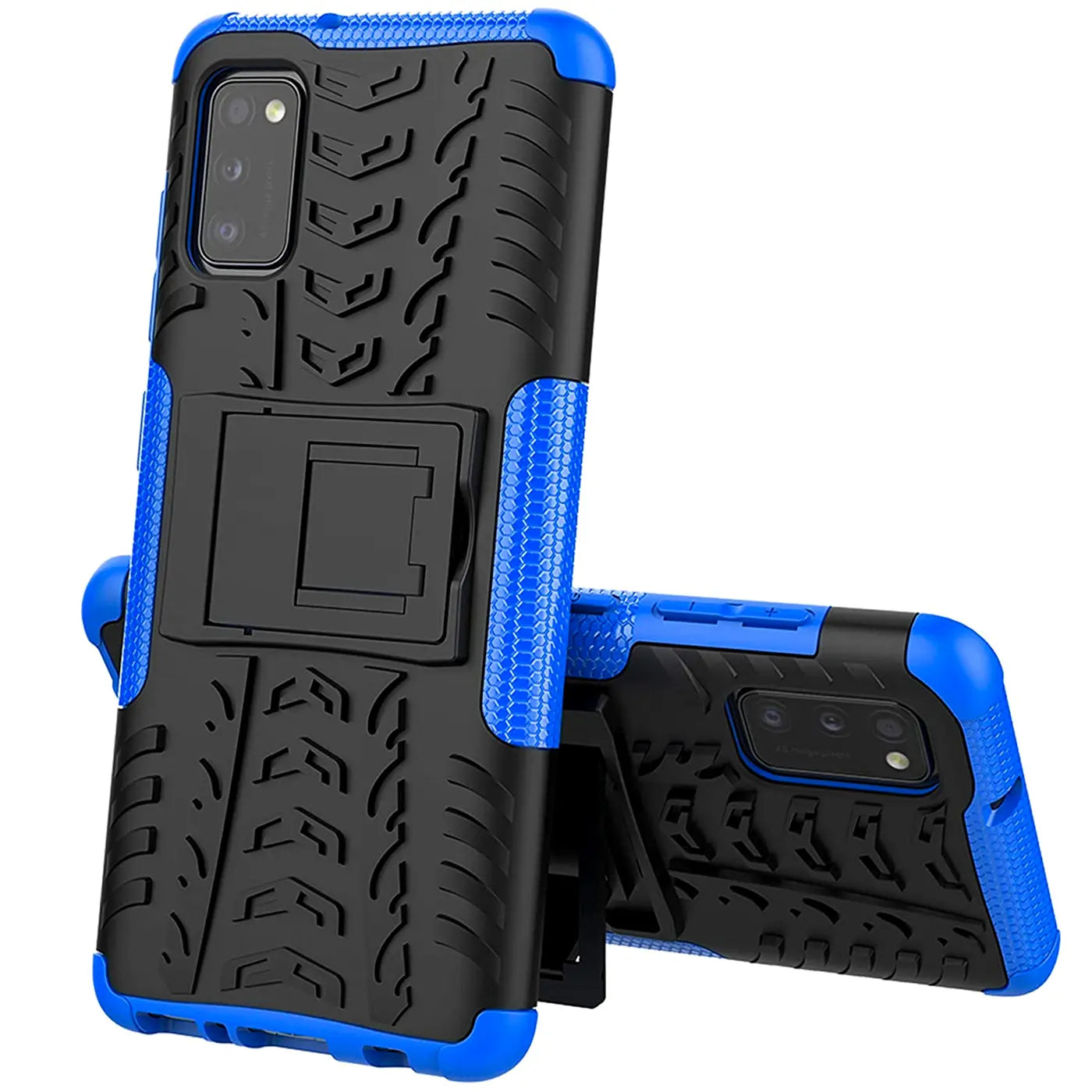 Schwarze und blaue Outdoor-Hülle aus Gummi/Kunststoff mit Ständer für Samsung Galaxy A03s, von vorne