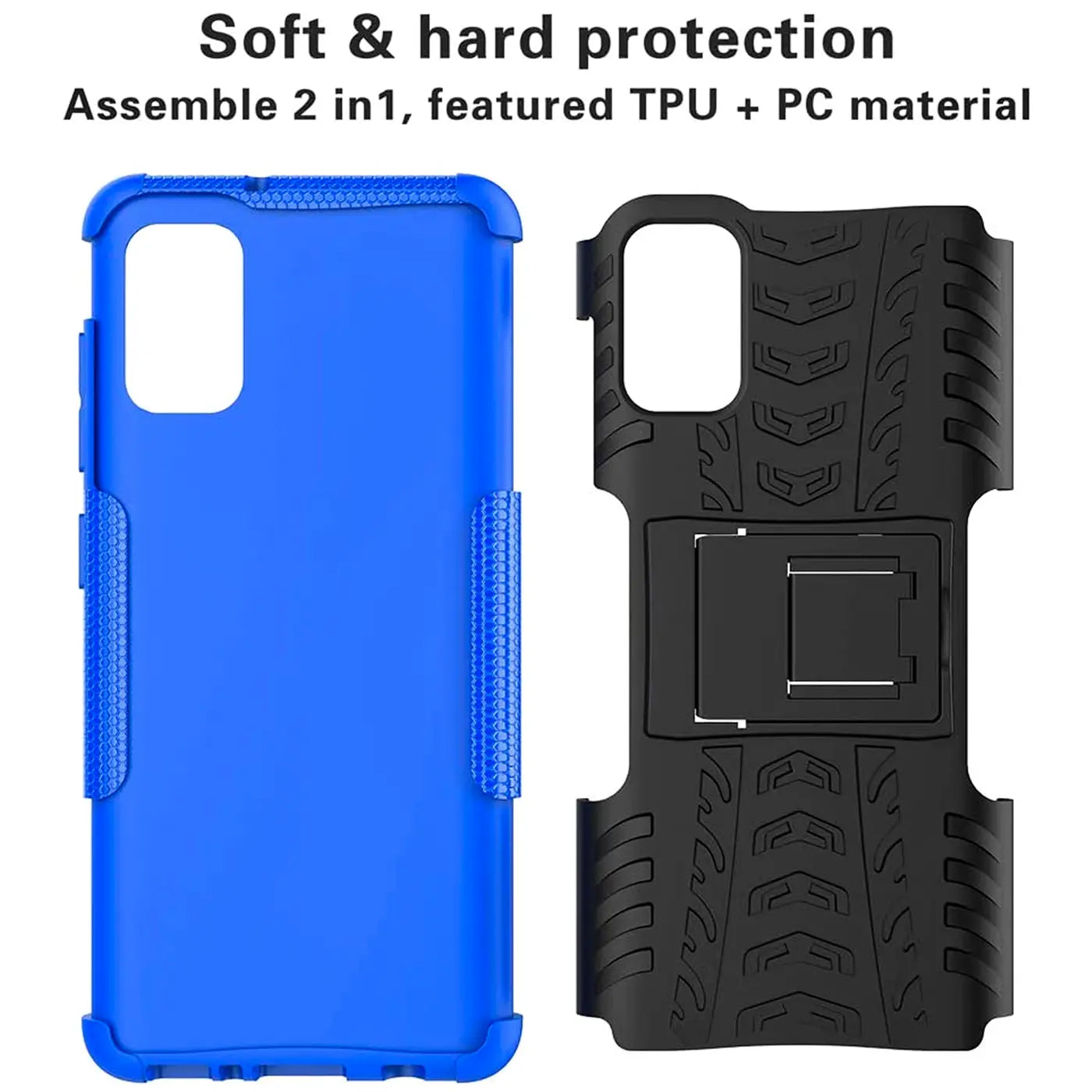 Blaue und schwarze Hülle aus TPU/PC, Vorder- und Rückansicht, mit integriertem Ständer.