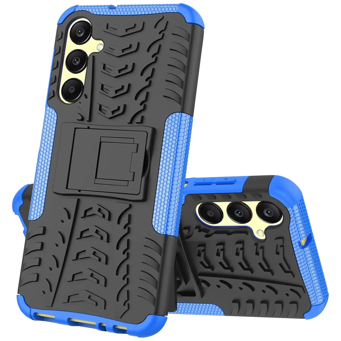 Schwarze und blaue Handyhülle aus Kunststoff mit Ständer für Samsung Galaxy A05s.