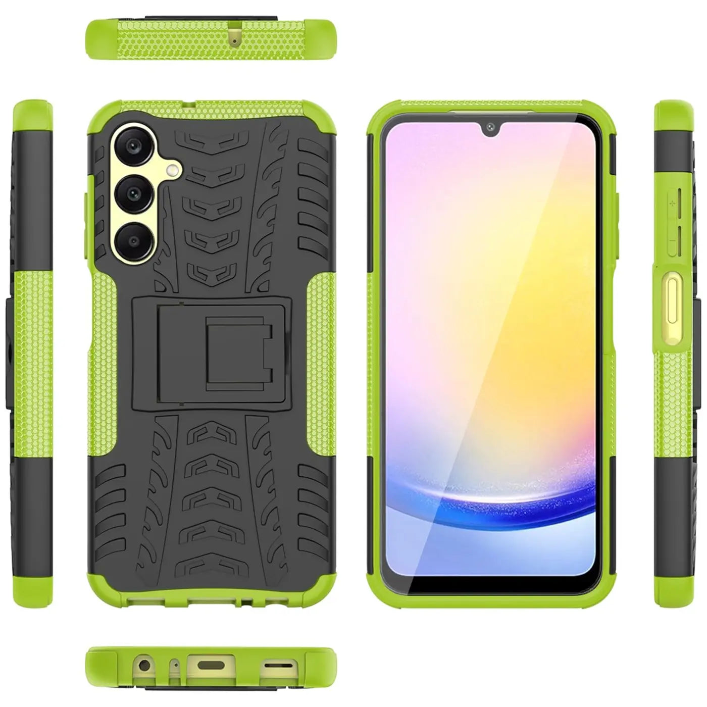 Grüne und schwarze Outdoor-Hülle mit Ständer für Samsung Galaxy A05s, verschiedene Ansichten.