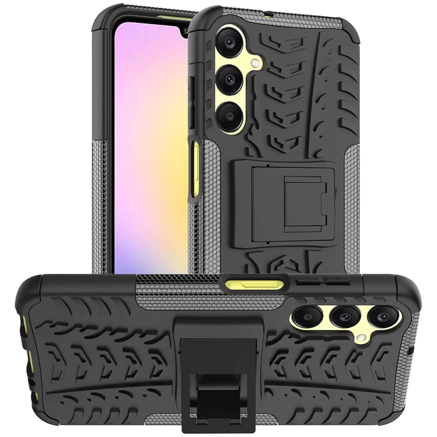 Schwarze Outdoor-Hülle aus Gummi/Kunststoff für Samsung A05s, 2 Ansichten, mit Ständer
