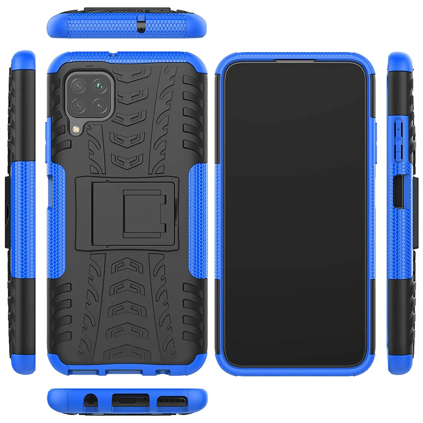 Blau-schwarze Outdoor-Hülle mit Ständer, stoßfest, für Samsung Galaxy A12/M12.