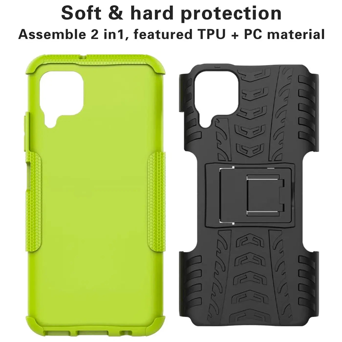Zwei Hüllen für Samsung Galaxy A12/M12: eine grüne, eine schwarze mit Ständer. TPU/PC.