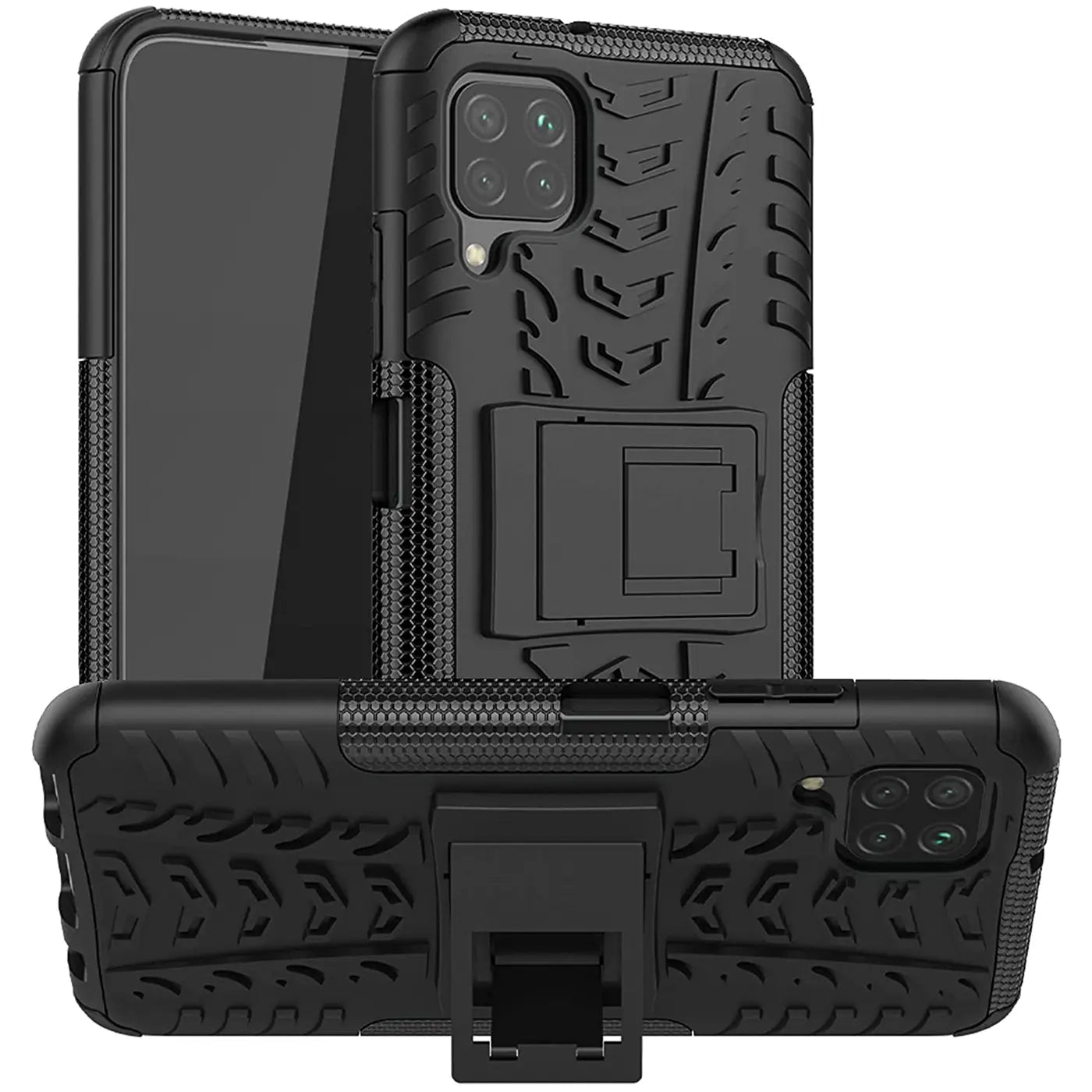 Schwarze Outdoor-Hülle aus Kunststoff mit Reifenprofil und Ständer für Samsung Galaxy A12/M12.