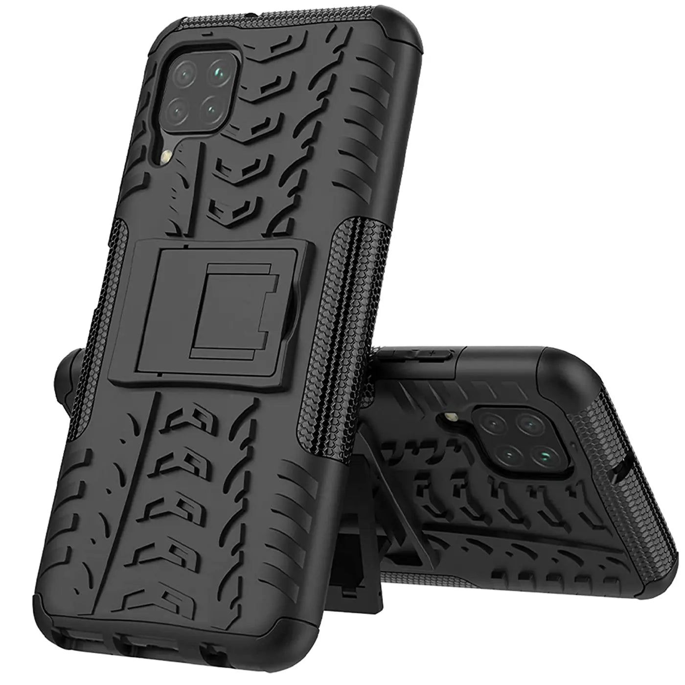 Schwarze Outdoor Hülle aus Kunststoff mit Ständer für Samsung Galaxy A12/M12, von vorne