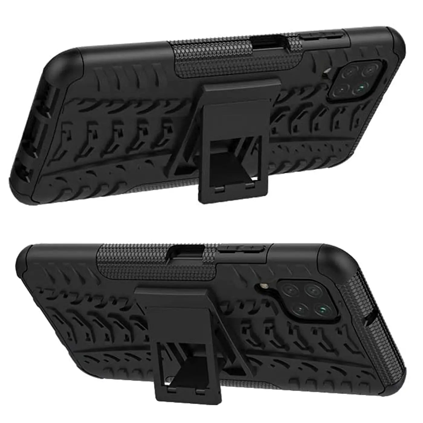 Schwarze Outdoor-Hülle aus Kunststoff mit Ständer für Samsung Galaxy A12/M12, Rückansicht.