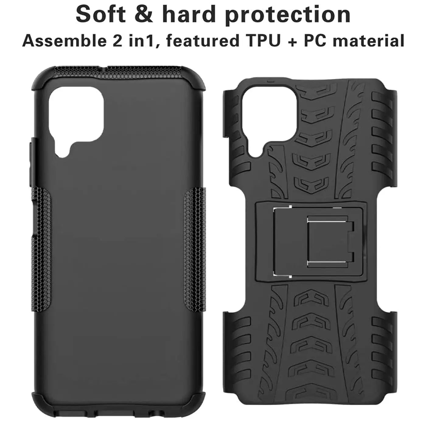 Schwarze Outdoor-Hülle aus TPU+PC für Samsung Galaxy A12/M12, 2-teilig, Vorder- und Rückansicht.