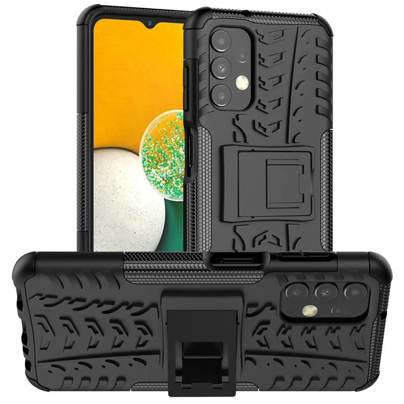 Schwarze Outdoor-Hülle aus Kunststoff mit Reifenprofil für Samsung Galaxy A13 4G, 2 Ansichten.