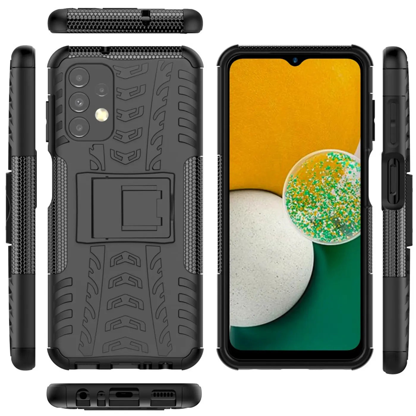 Schwarze Outdoor-Hülle aus Kunststoff mit Ständer für Samsung Galaxy A13 4G, verschiedene Ansichten.