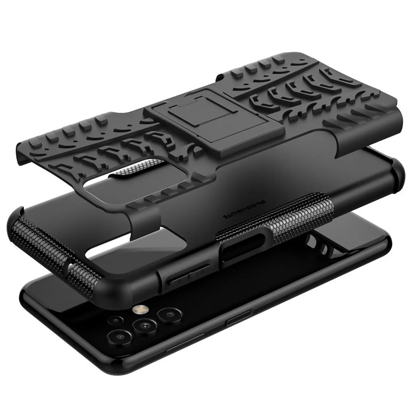 Schwarze Outdoor-Hülle aus Kunststoff, 2-teilig, mit Ständer, für Samsung Galaxy A13 4G.