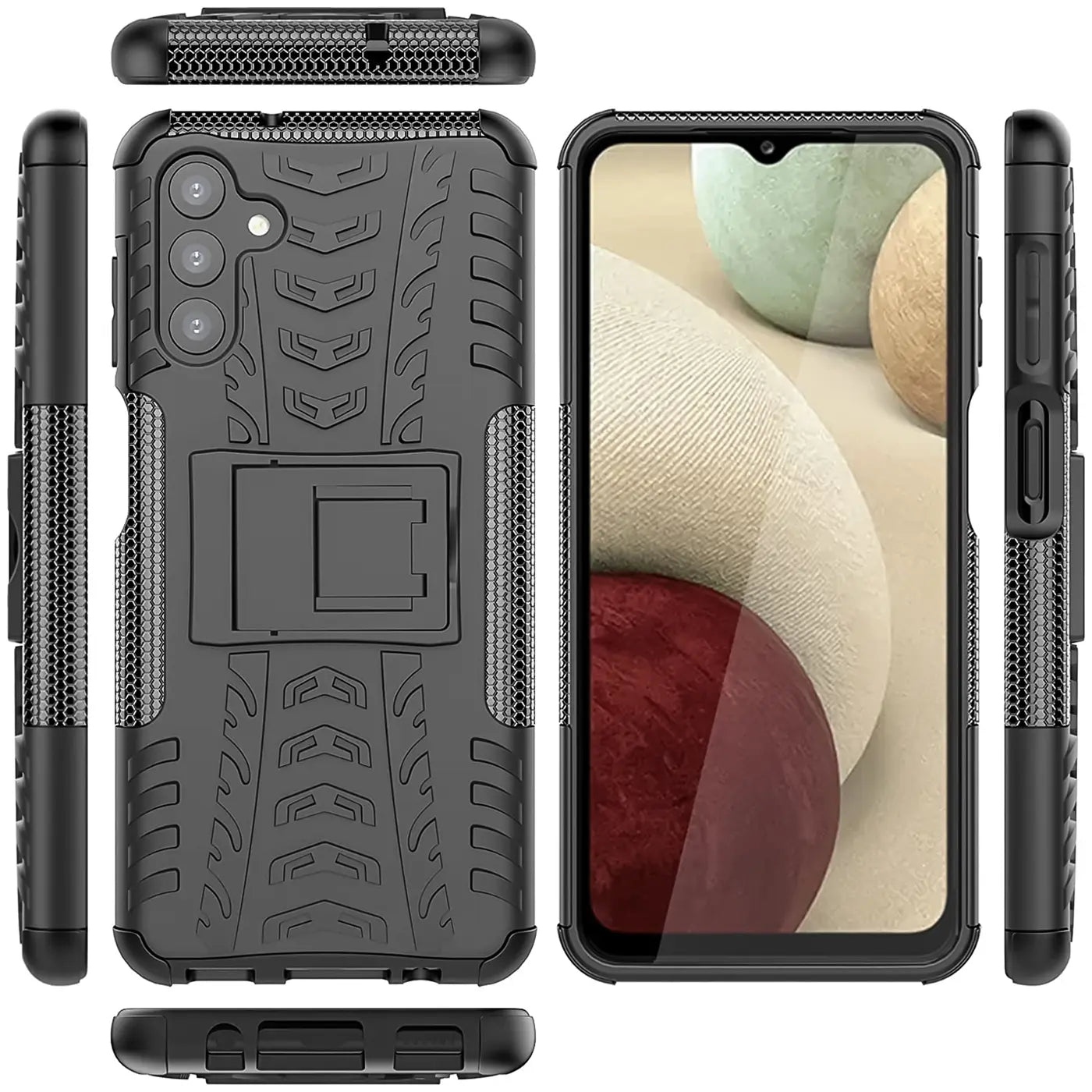 Schwarze Outdoor-Hülle aus Kunststoff mit Ständer für Samsung Galaxy A13 5G/A04s, verschiedene Ansichten.