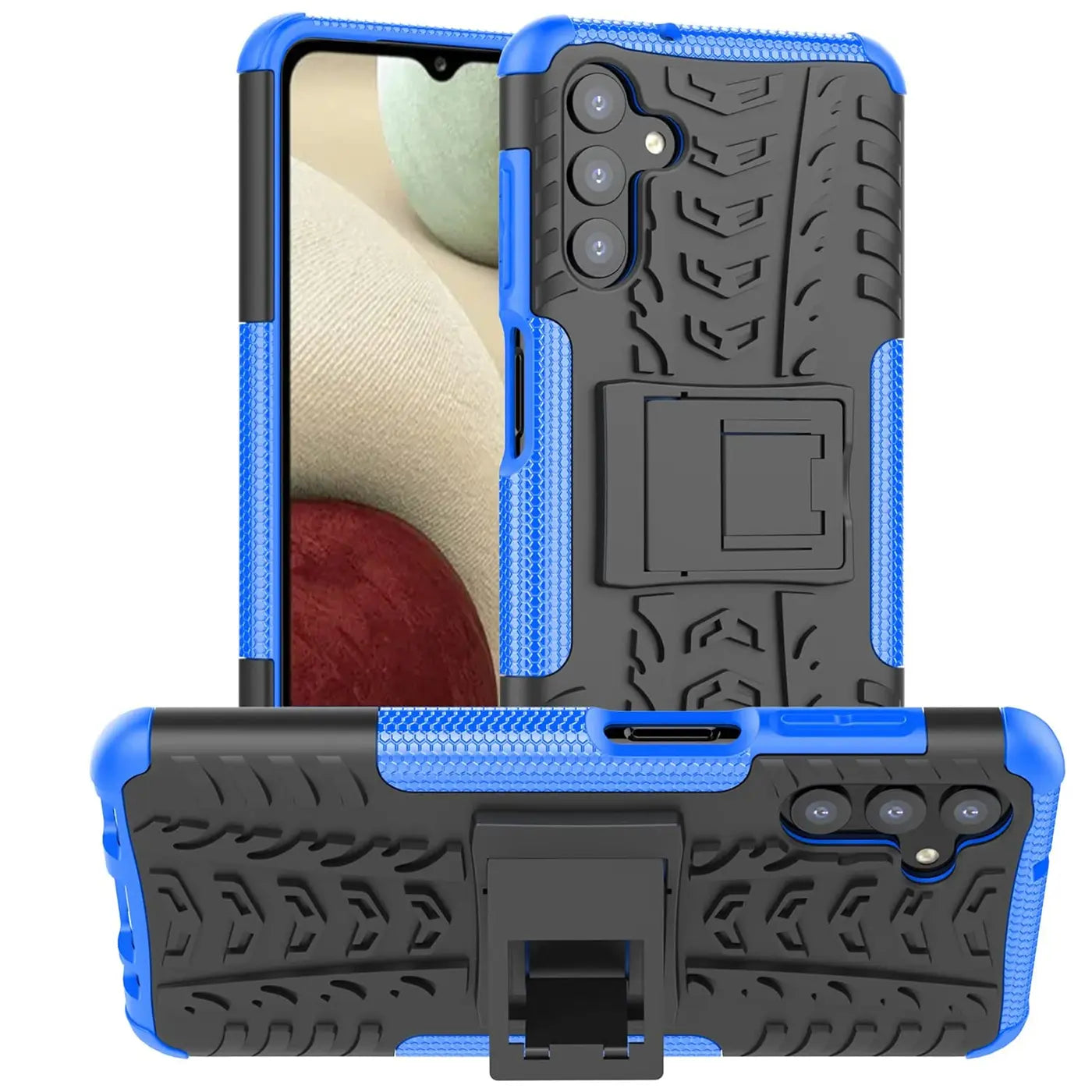 Blau-schwarze Outdoor Hülle aus Kunststoff für Samsung Galaxy A14, 2-teilig, mit Ständer.