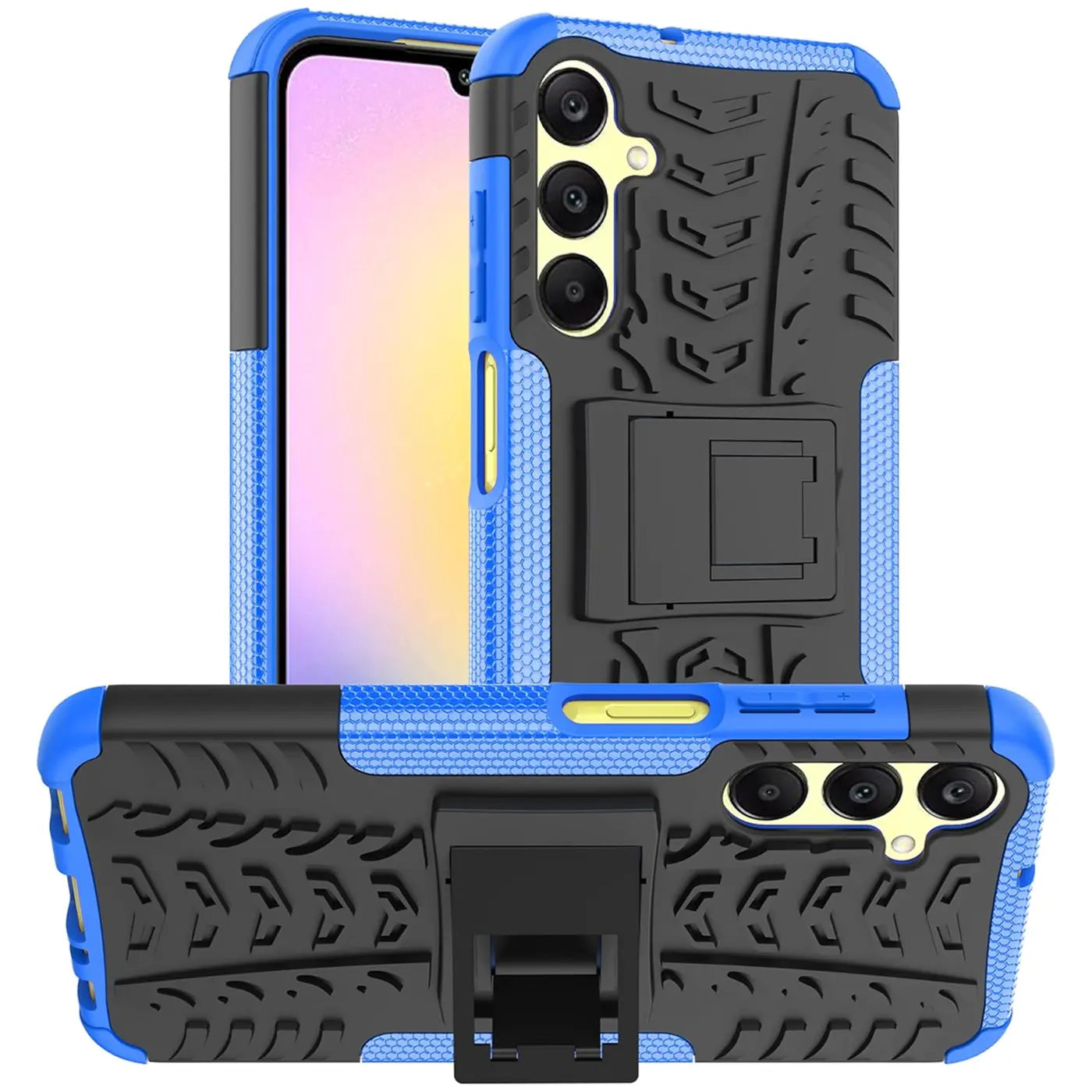 Blaue und schwarze Outdoor-Hülle mit Reifenprofil, Ständer, Samsung Galaxy A15 4G/5G.