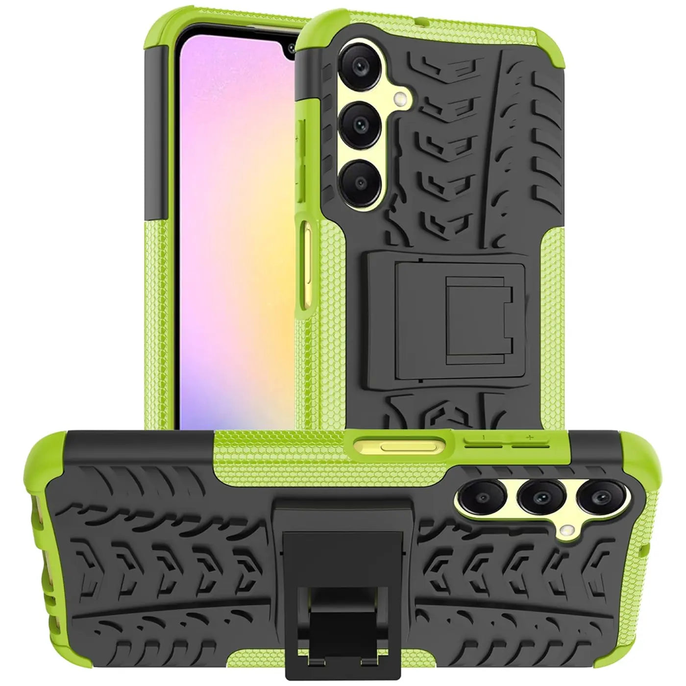 Grüne und schwarze Outdoor-Hülle mit Ständer für Samsung Galaxy A15 4G/5G, von vorne und hinten.