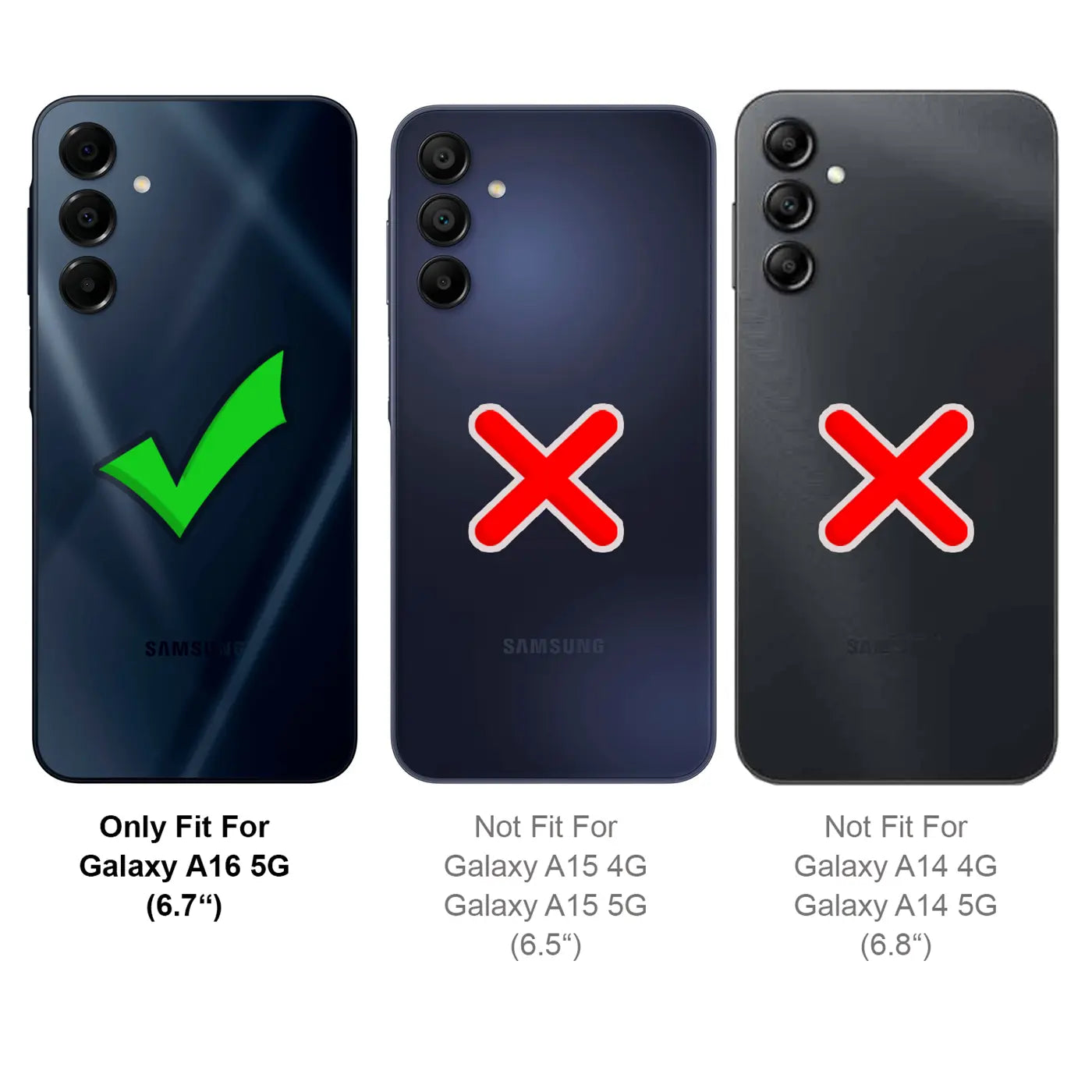 Rückseiten von Samsung Galaxy A16 5G (grüner Haken) und A15/A14 (rote Kreuze).