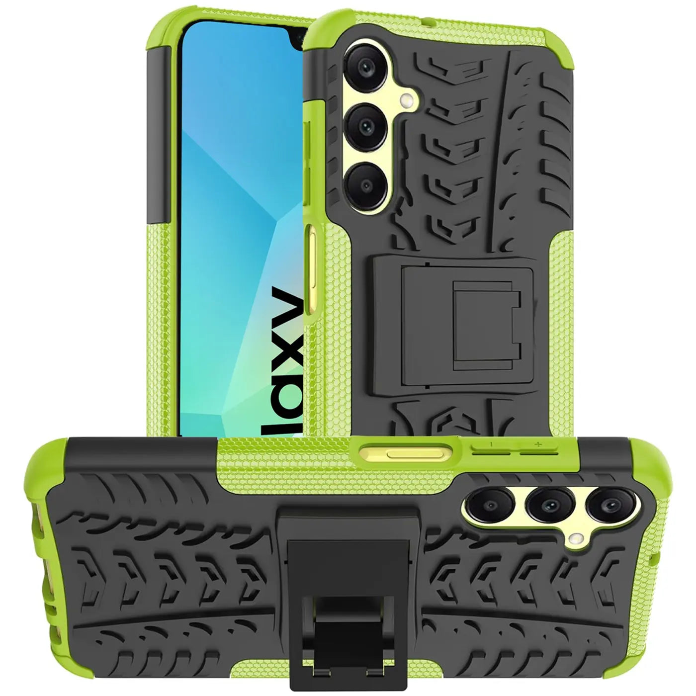 Grüne und schwarze Outdoor-Hülle mit Ständer für Samsung Galaxy A16 5G, von vorne und hinten gezeigt.