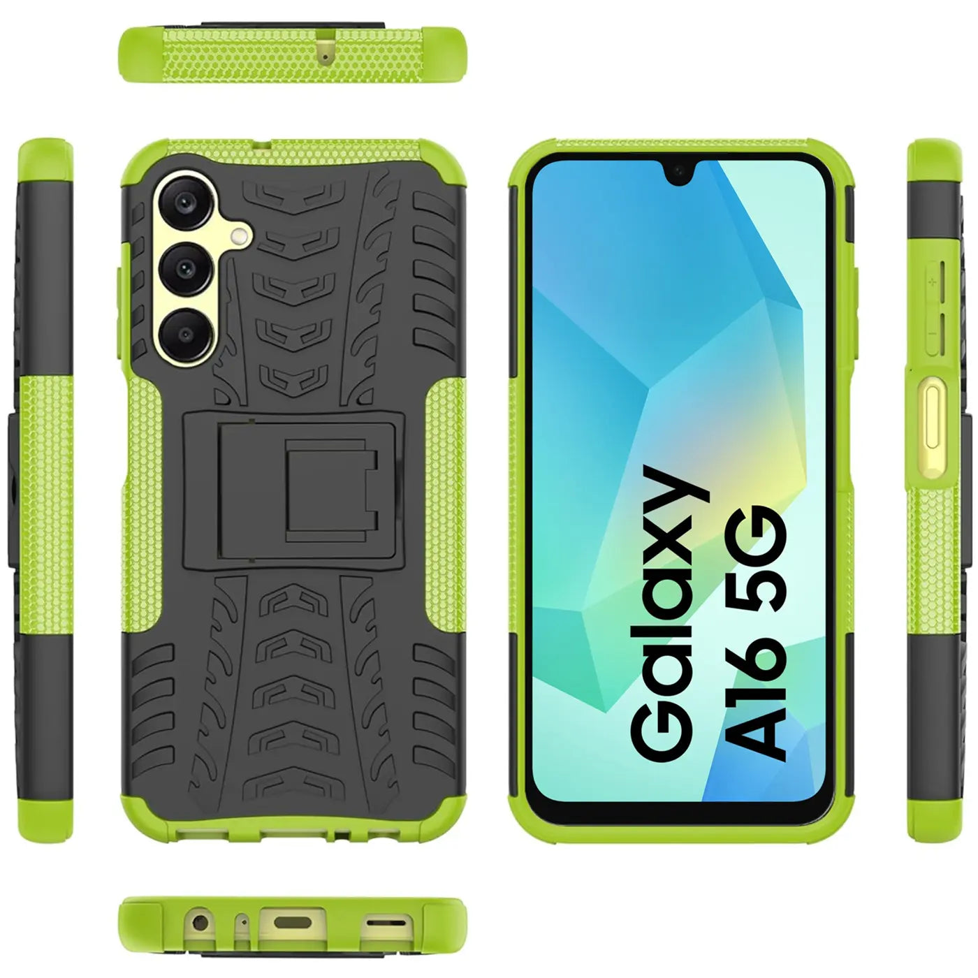 Grüne und schwarze Outdoor-Hülle für Samsung Galaxy A16 5G, 2-teilig, stoßfest, mit Ständer.