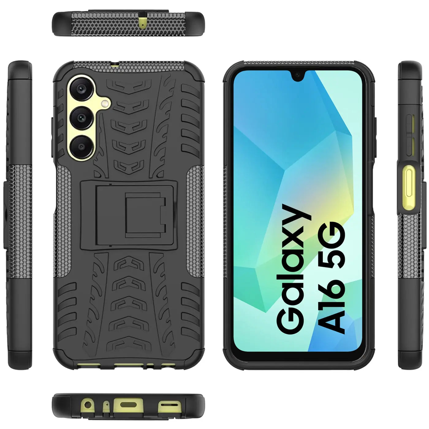 Schwarze Outdoor-Hülle aus Kunststoff mit Ständer für Samsung Galaxy A16 5G, Ansichten von vorne, Seite, Rückseite