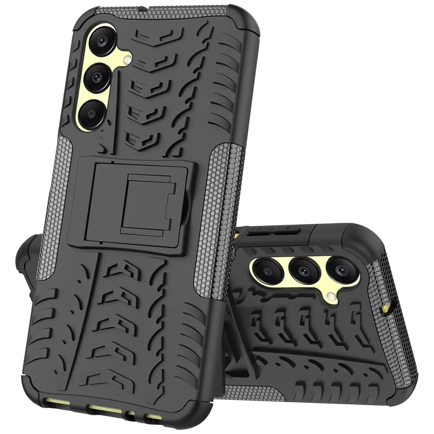 Schwarze Outdoor-Hülle aus Gummi mit Ständer für Samsung Galaxy A16 5G, von vorne und von der Seite