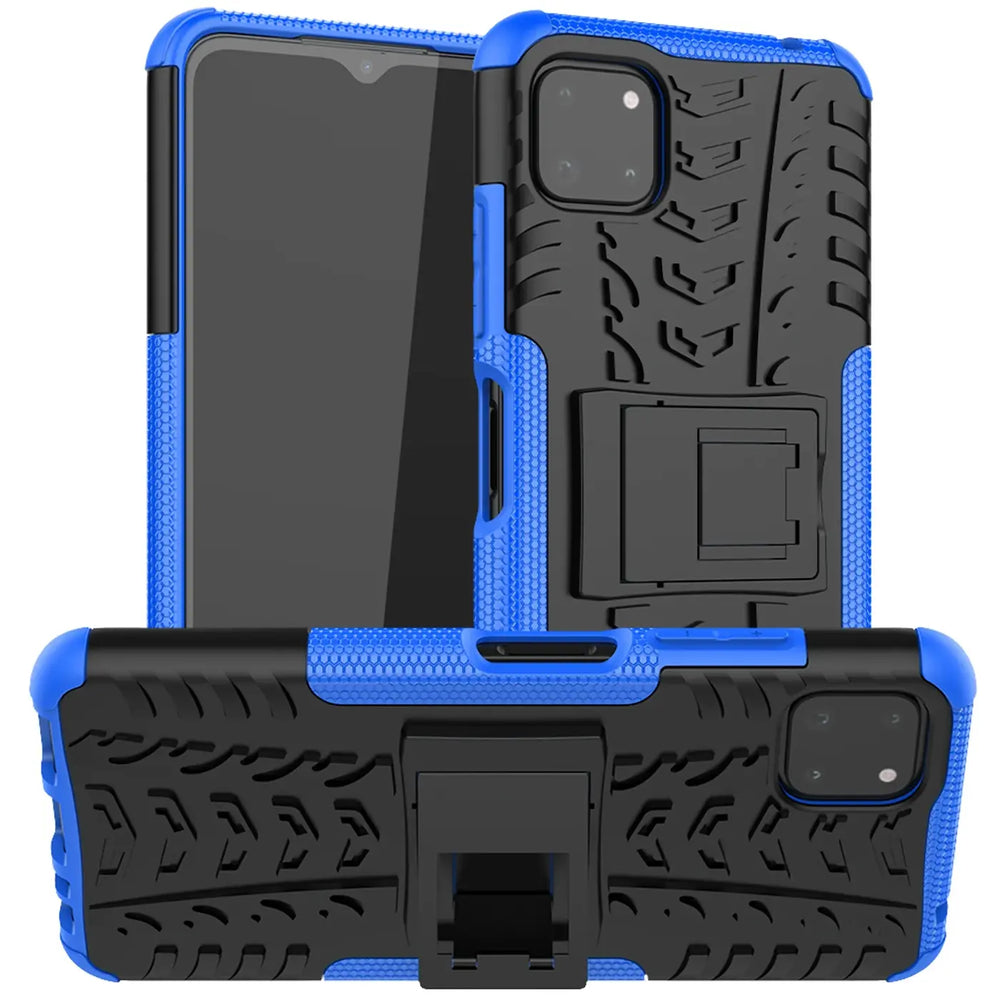 Blaue und schwarze stoßfeste Hülle mit Reifenprofil, integriertem Ständer, Samsung Galaxy A22 5G.