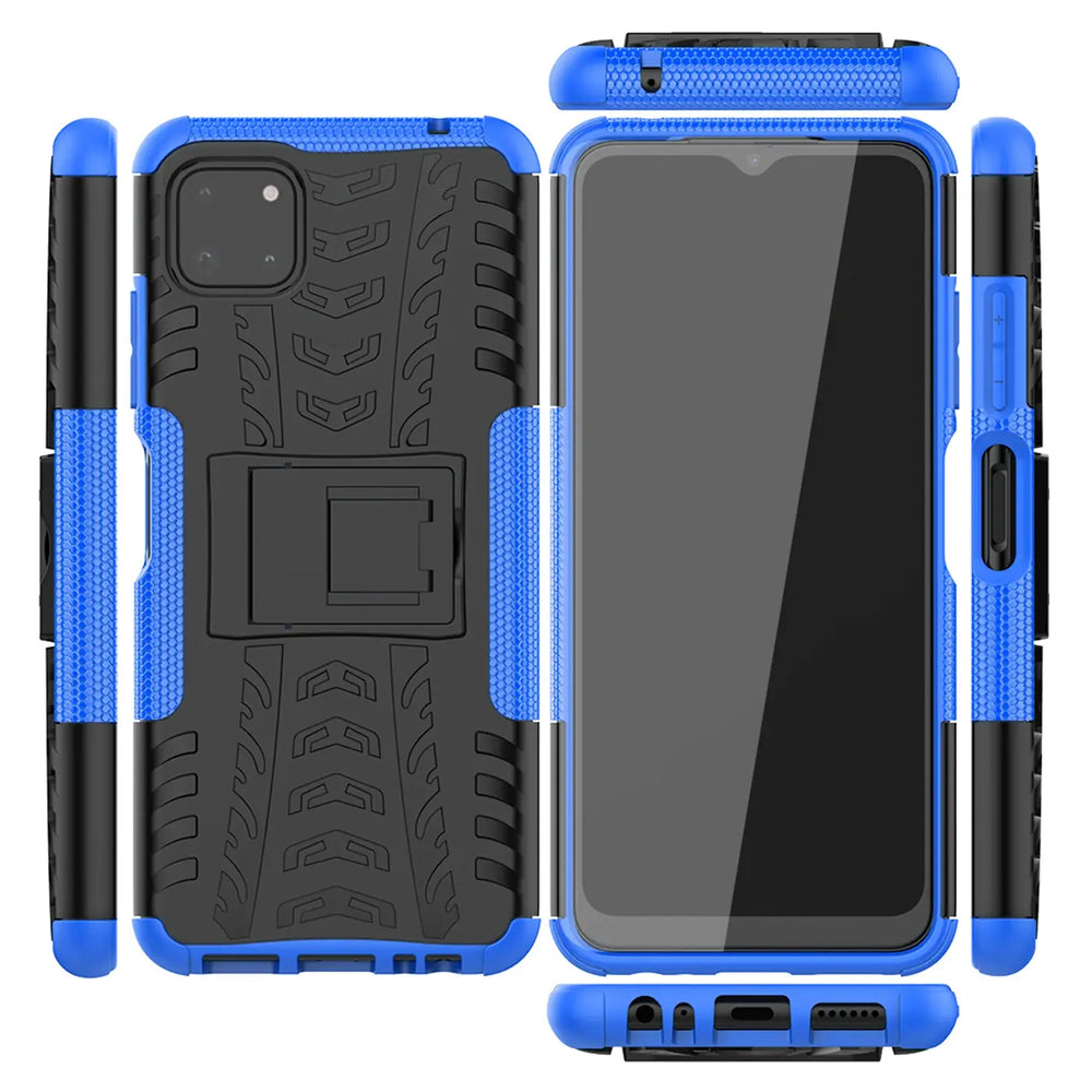 Blaue und schwarze Outdoor-Hülle mit Ständer für Samsung Galaxy A22 5G, verschiedene Ansichten