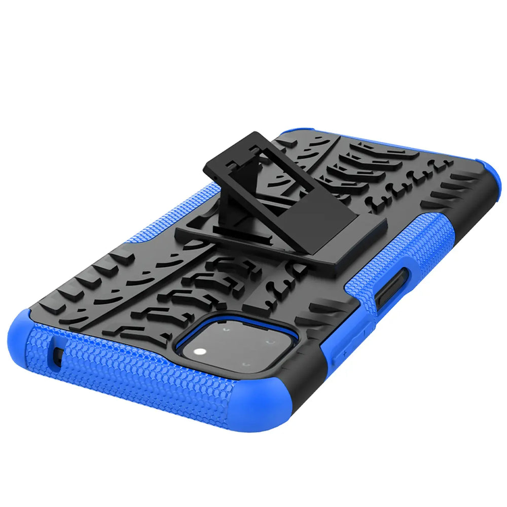 Blaue und schwarze Handyhülle aus Kunststoff mit Ständer, Seitenansicht, Samsung Galaxy A22 5G.