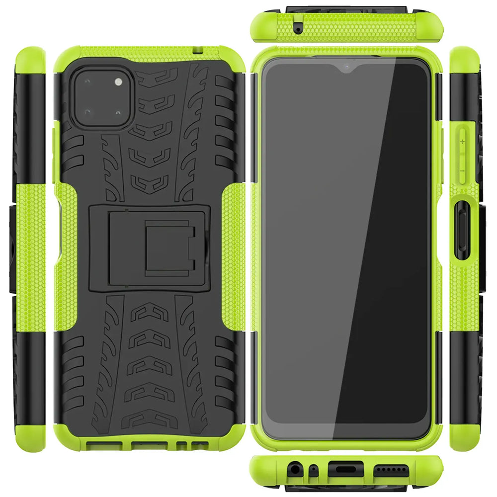 Grüne und schwarze Outdoor-Hülle aus Kunststoff für Samsung Galaxy A22 5G, Vorder- und Rückansicht