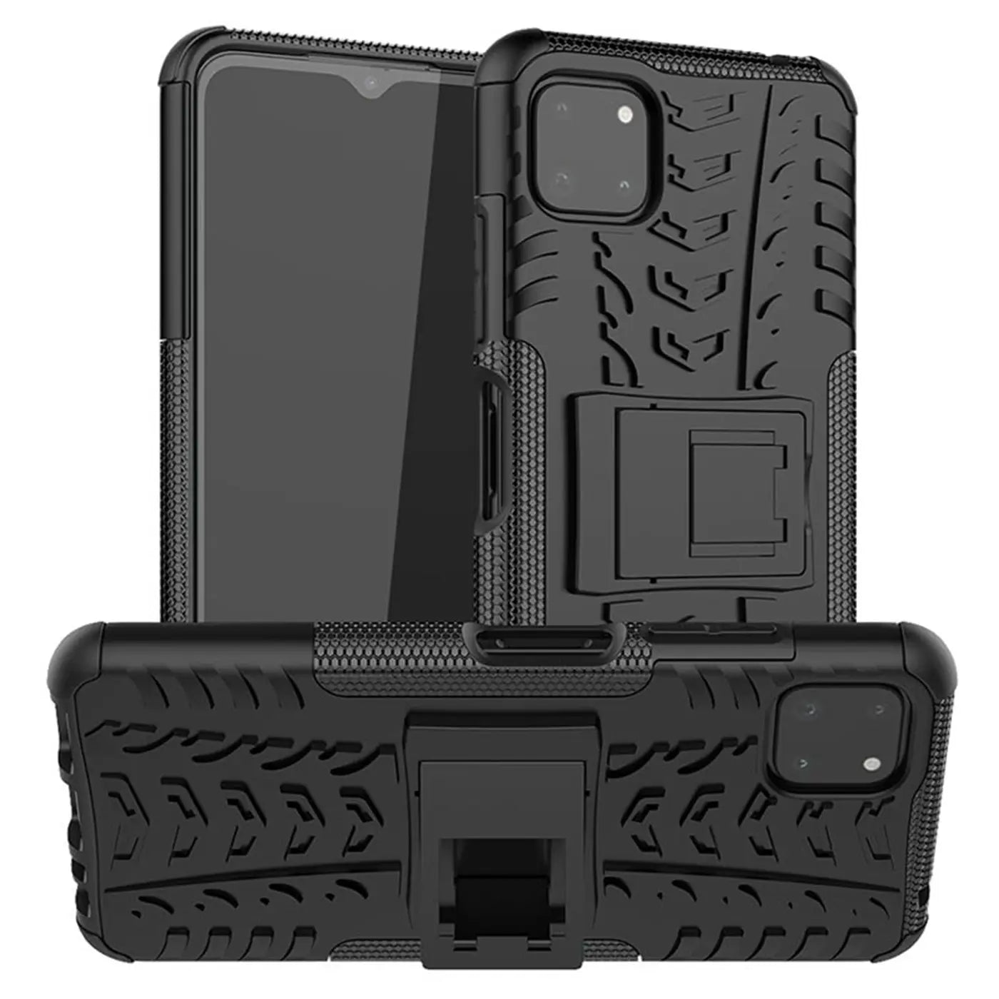Schwarze Outdoor Hülle aus Kunststoff für Samsung Galaxy A22 5G mit Reifenprofil und Ständer.