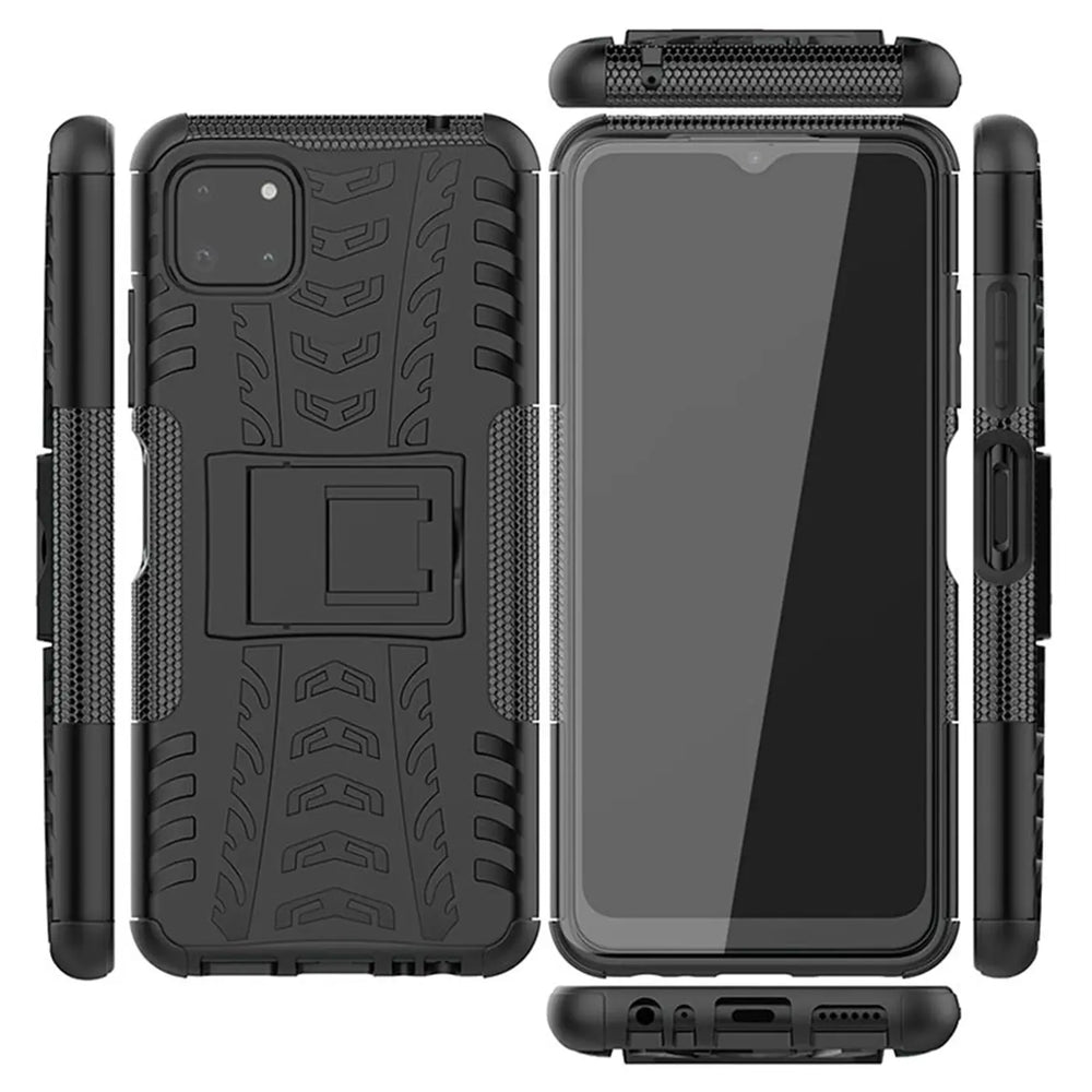 Schwarze, stoßfeste Hülle mit Ständer für Samsung Galaxy A22 5G, verschiedene Ansichten.