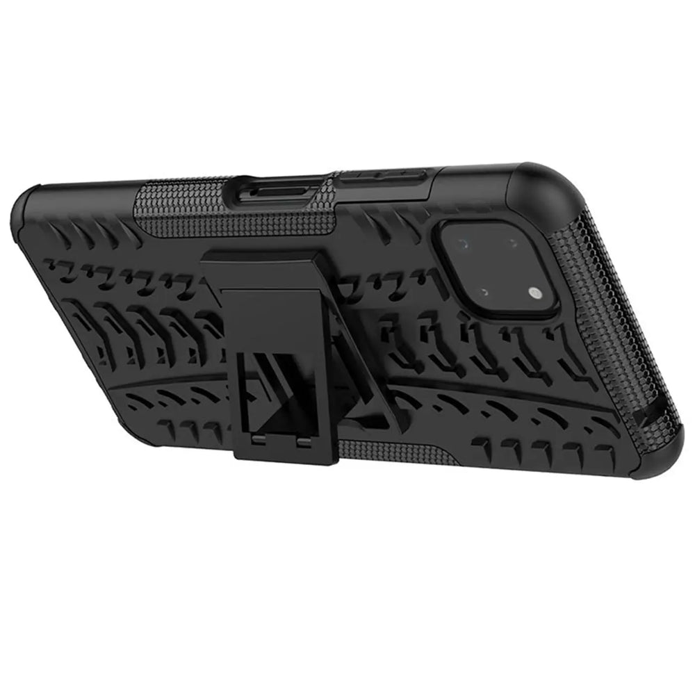 Schwarze Outdoor-Hülle aus Kunststoff mit Ständer für Samsung Galaxy A22 5G, Seitenansicht.