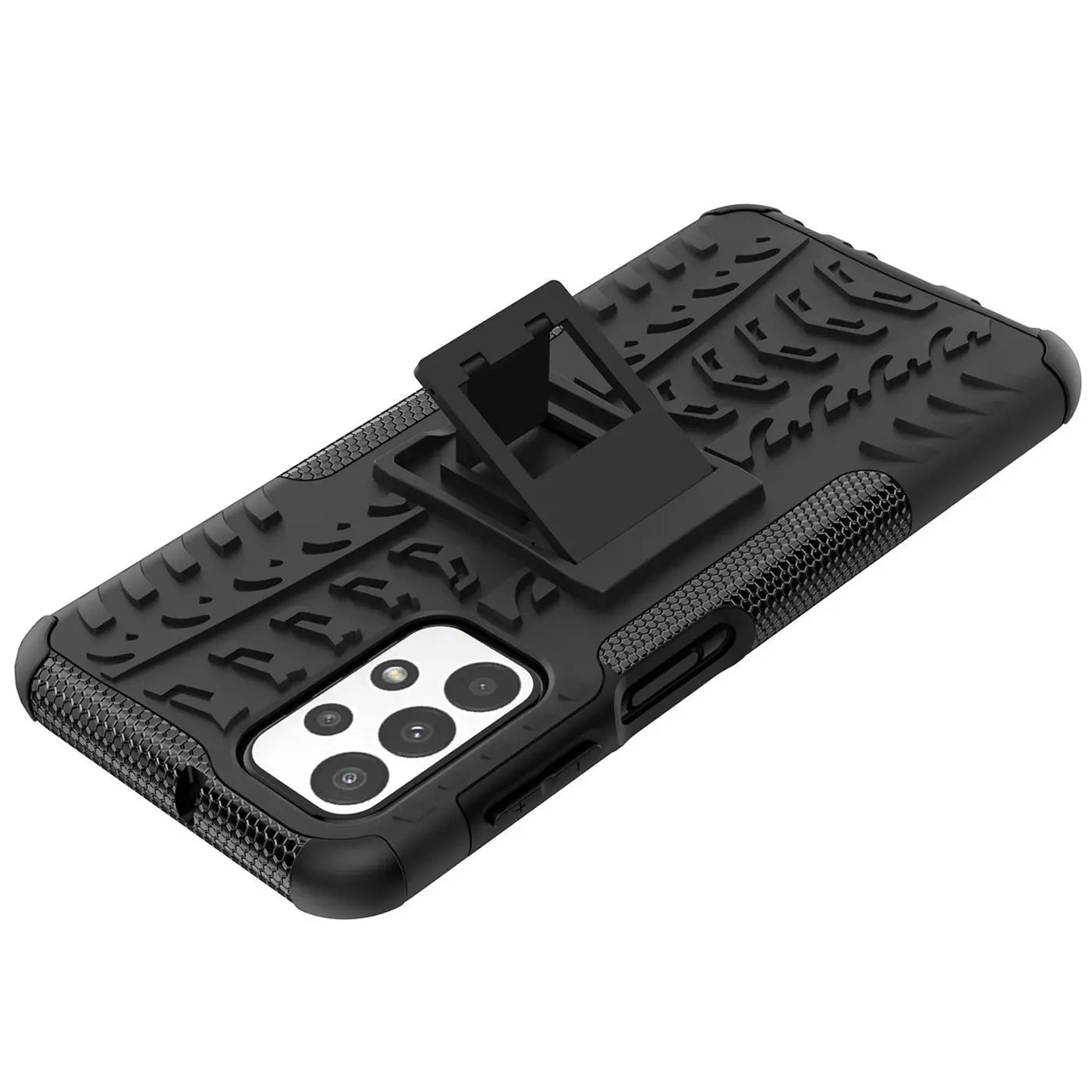 Schwarze Outdoor-Hülle aus Gummi mit Ständer für Samsung Galaxy A23 5G, von oben links