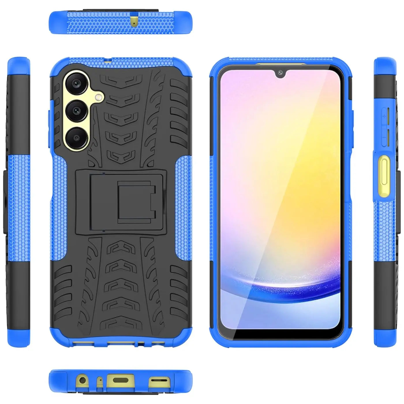 Blaue und schwarze Hülle, Gummi/Kunststoff, verschiedene Ansichten, Samsung Galaxy A25 5G.