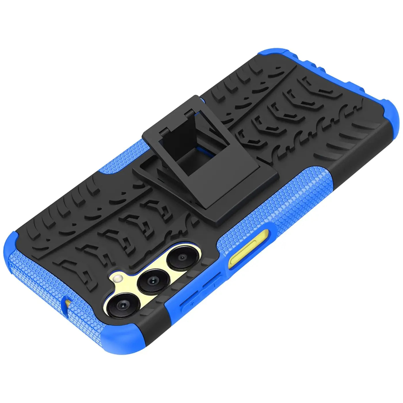 Blaue und schwarze Handyhülle aus Kunststoff mit Ständer, Rückansicht, Samsung Galaxy A25 5G.