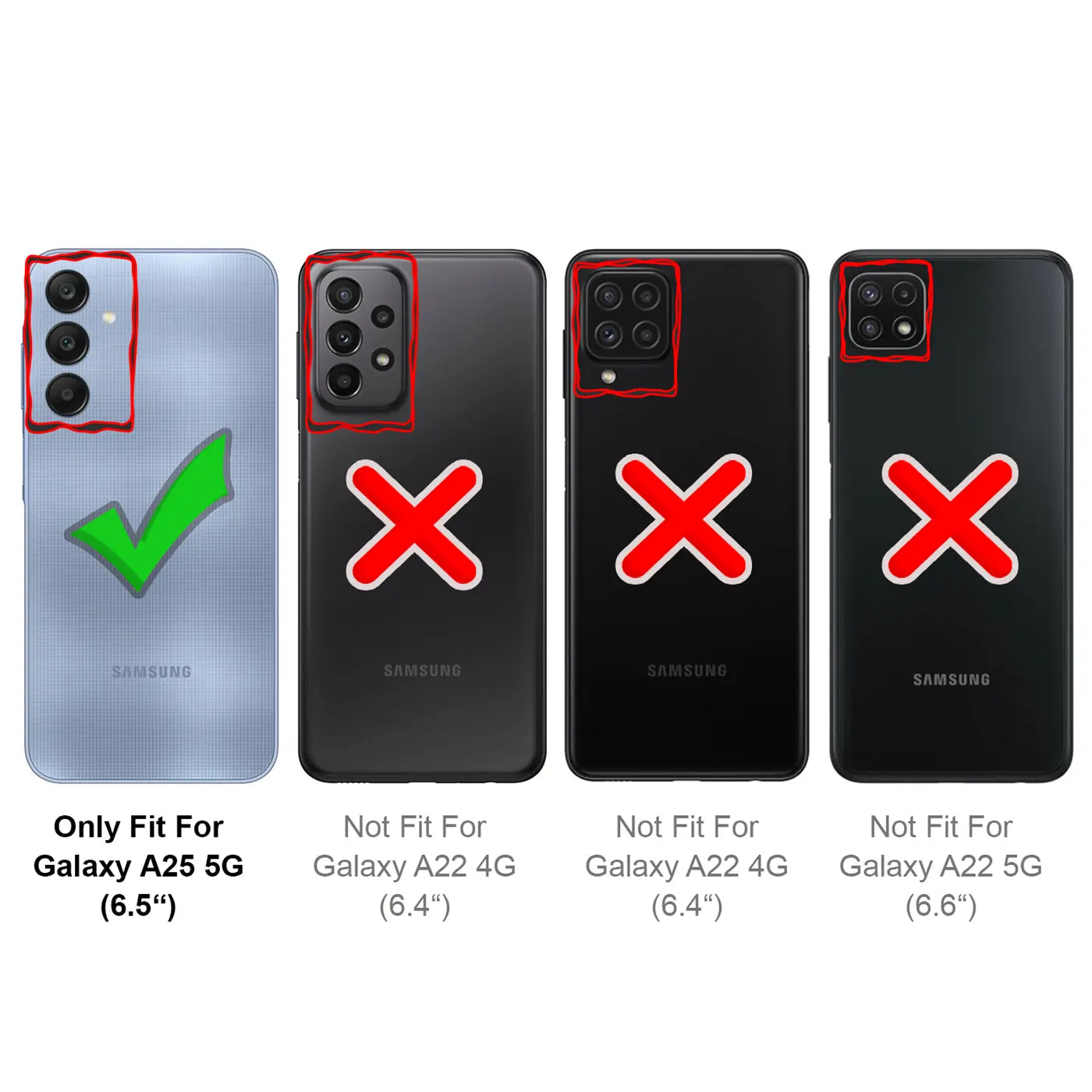 Samsung Galaxy A25 5G (links, hellblau) mit Häkchen, daneben drei nicht passende Modelle.