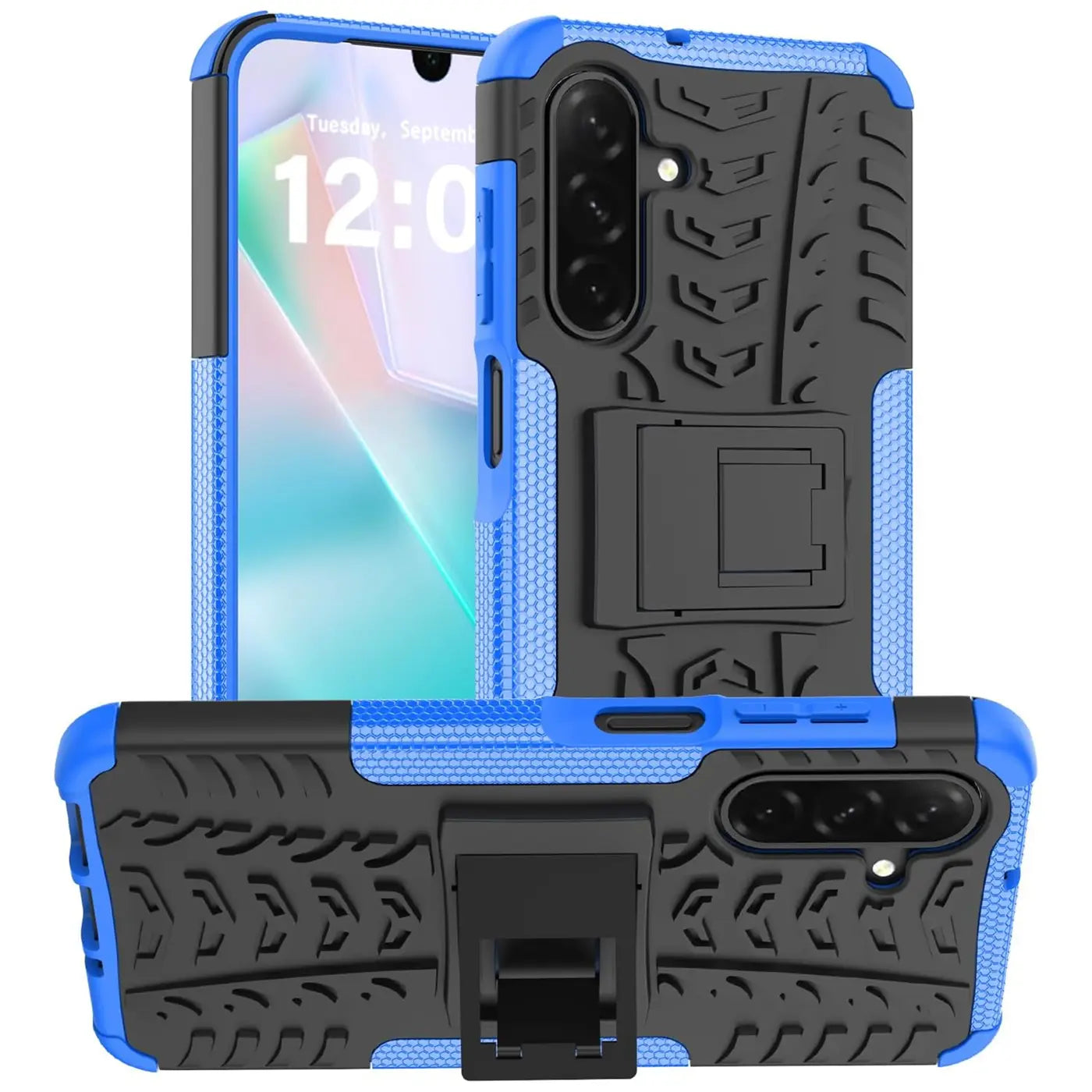 Blaue und schwarze Outdoor-Hülle aus Kunststoff mit Reifenprofil und Ständer für Samsung Galaxy A26 5G.