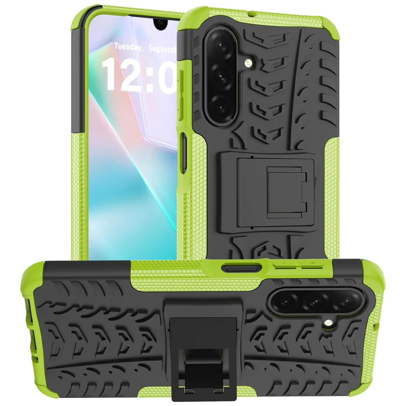 Grüne und schwarze Outdoor-Hülle mit Ständer, zeigt Samsung Galaxy A26 5G.