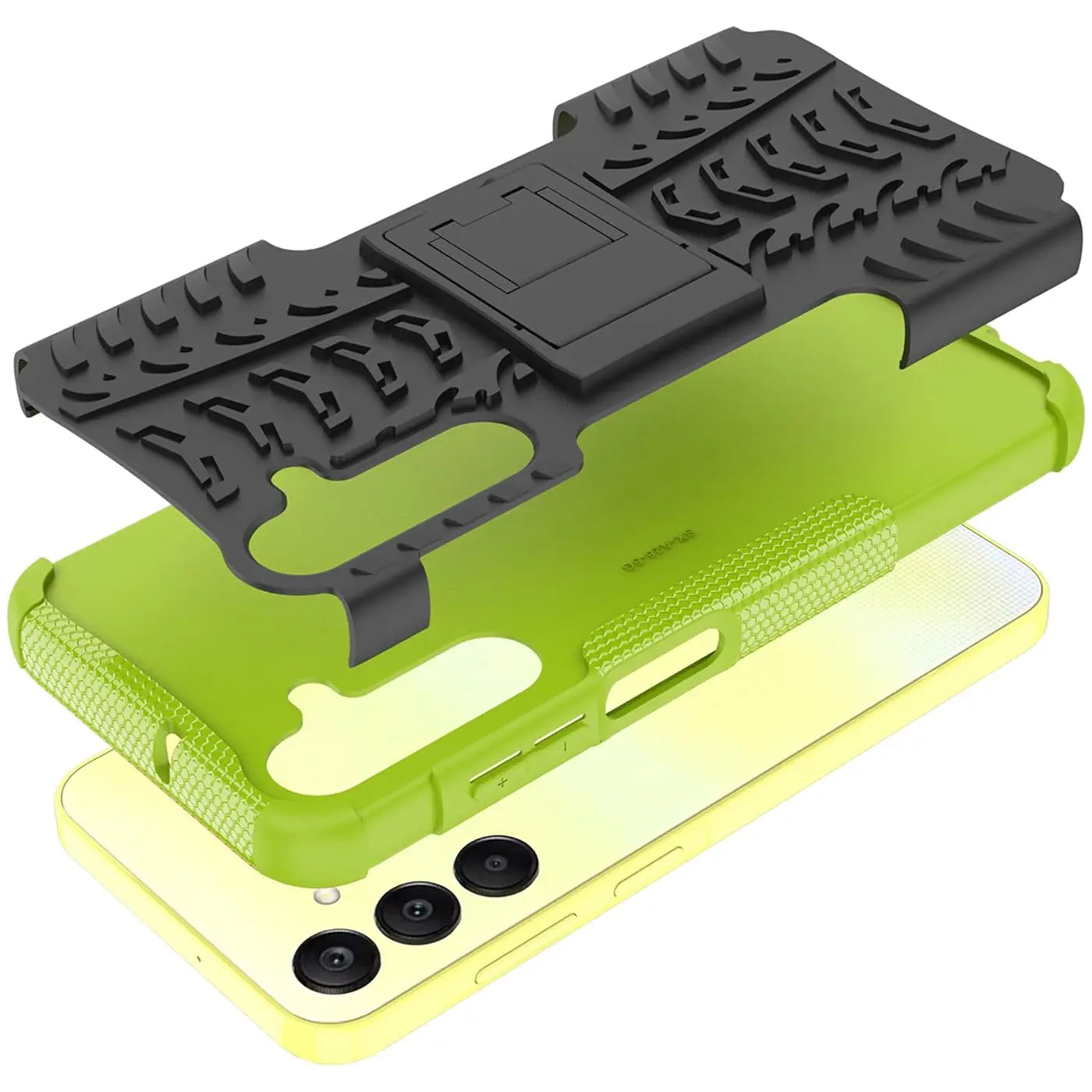 Zweiteiliges Outdoor-Handyhülle, schwarz/grün, Gummi/Kunststoff, mit Ständer, für Samsung Galaxy A26 5G.