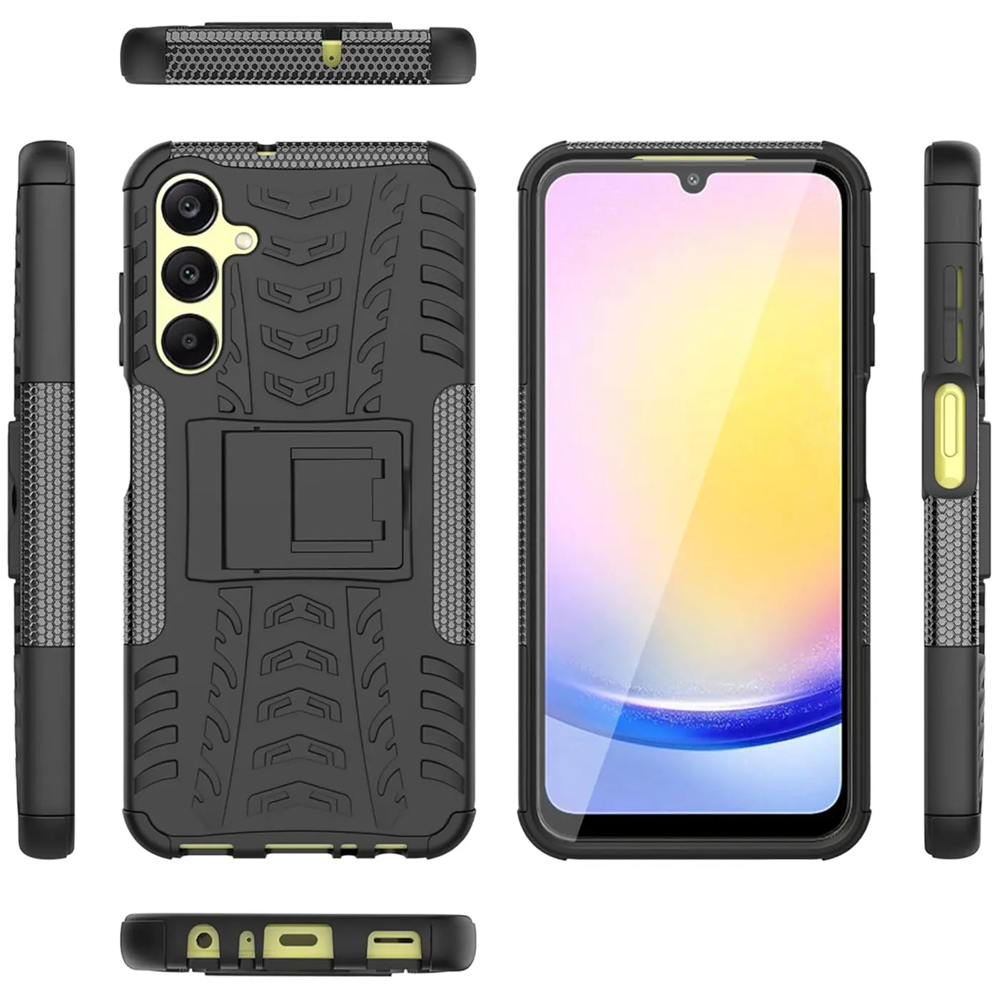 Schwarze Outdoor-Hülle aus Kunststoff mit Ständer für Samsung Galaxy A26 5G, verschiedene Ansichten.