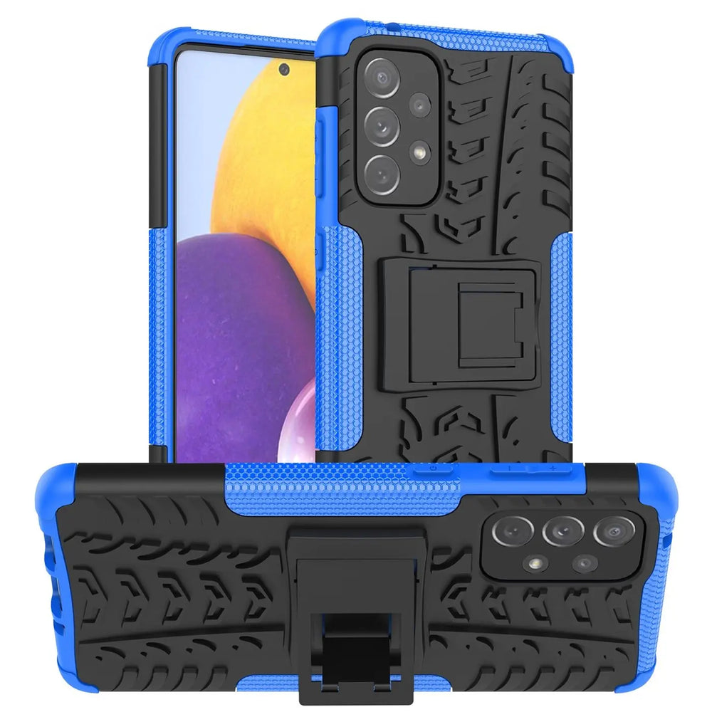 Blaue und schwarze Outdoor-Hülle aus Kunststoff mit Ständer für Samsung Galaxy A33 5G.