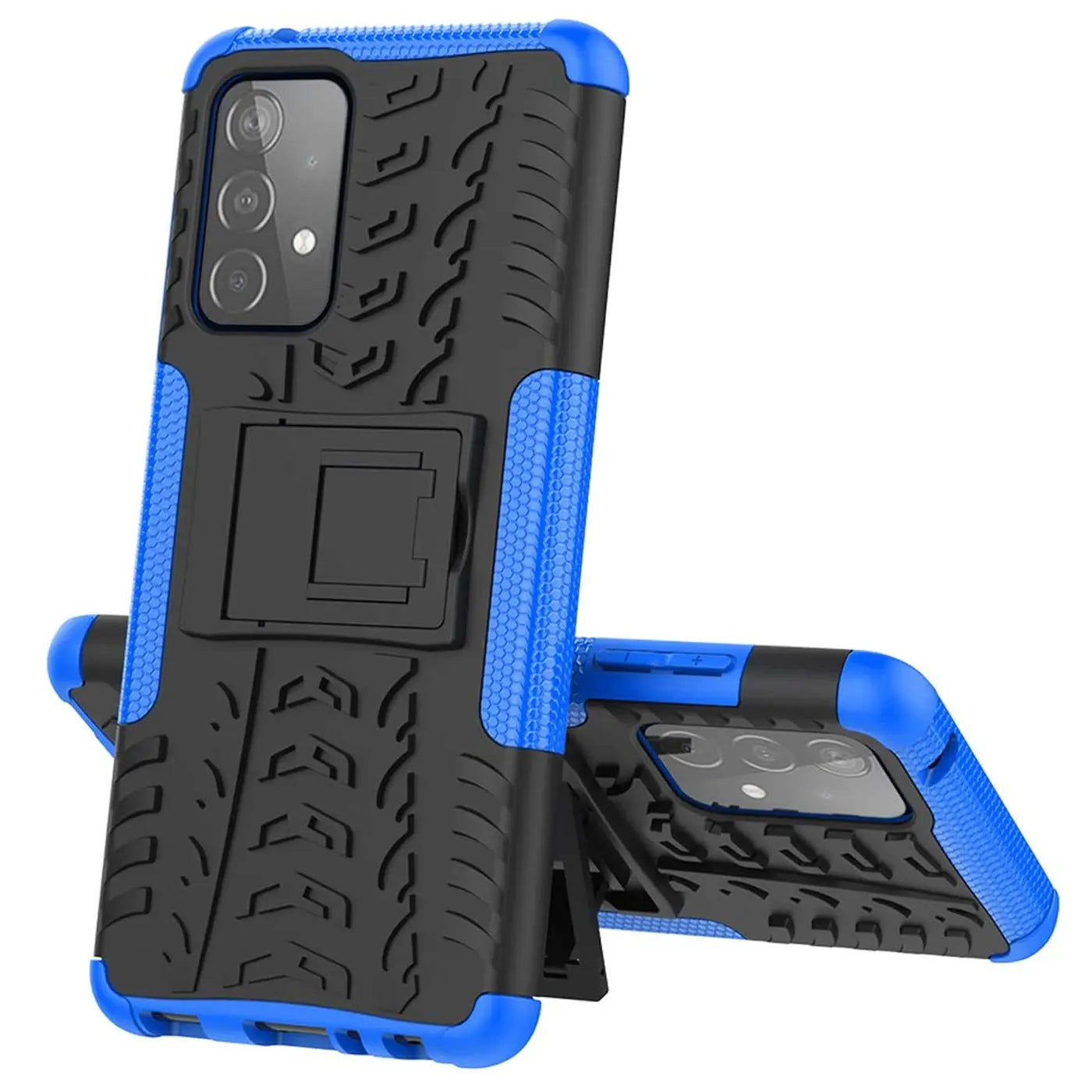 Schwarze & blaue Outdoor-Hülle mit Ständer für Samsung Galaxy A33 5G, von vorne schräg